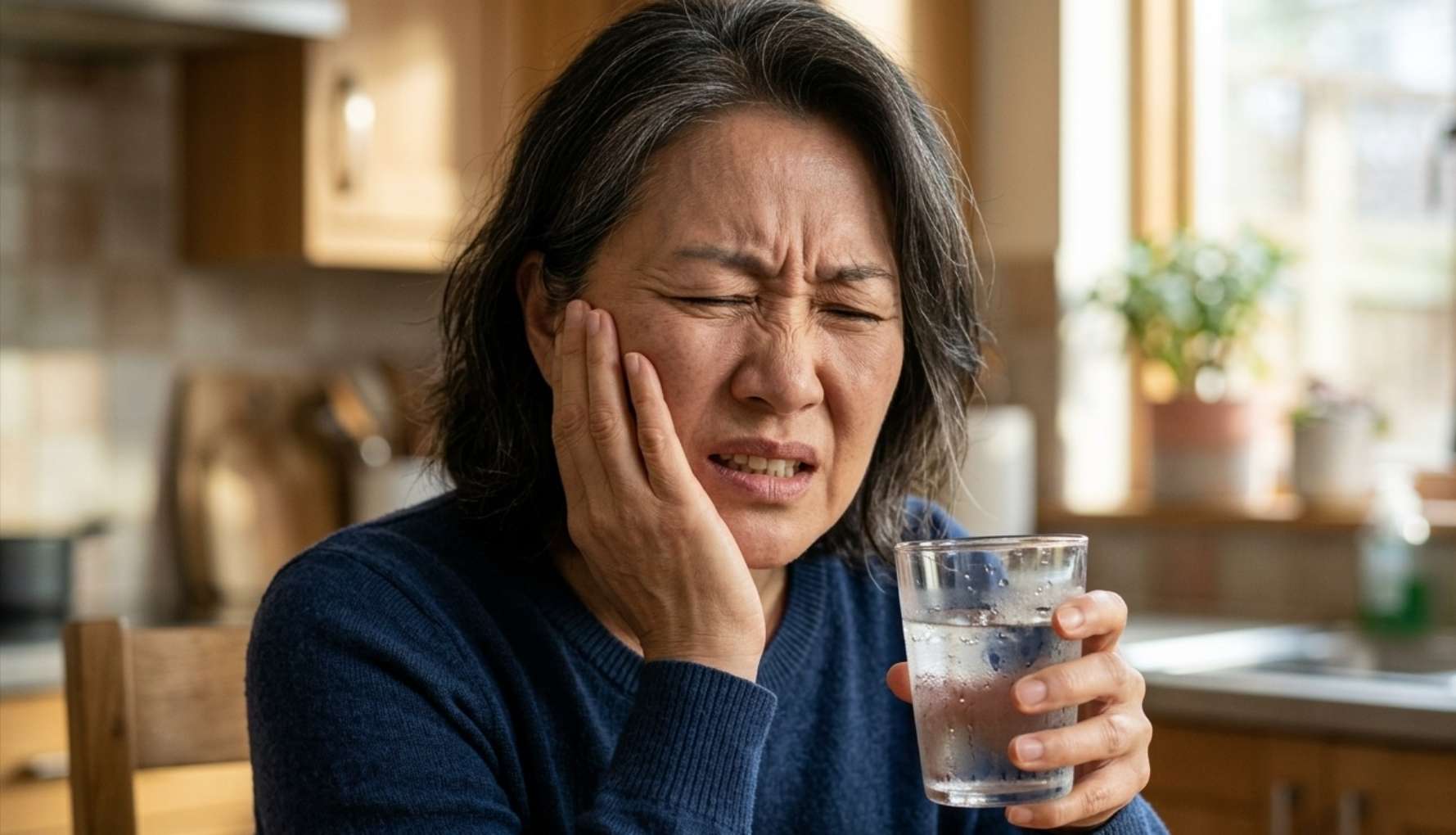 울산 남구 삼산동 치과 환자가 찬물을 마신 후 이가 시린 통증으로 얼굴을 찌푸리며 볼을 감싸 쥐는 리얼한 근접 사진