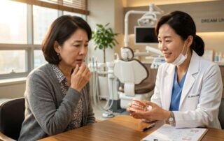 치아 상실로 고민하며 치과 상담을 받는 중년 환자