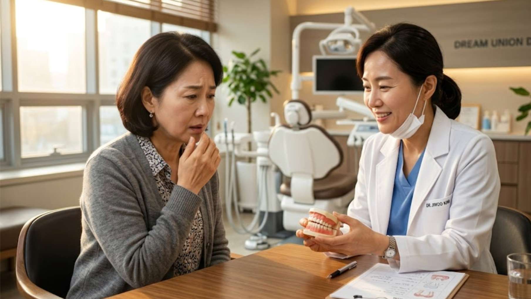 치아 상실로 고민하며 치과 상담을 받는 중년 환자