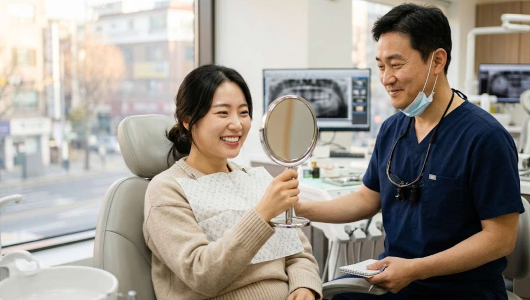 치아브릿지10 보철 치료 후 거울을 보며 밝게 웃고 만족해하는 환자와 치과 의사