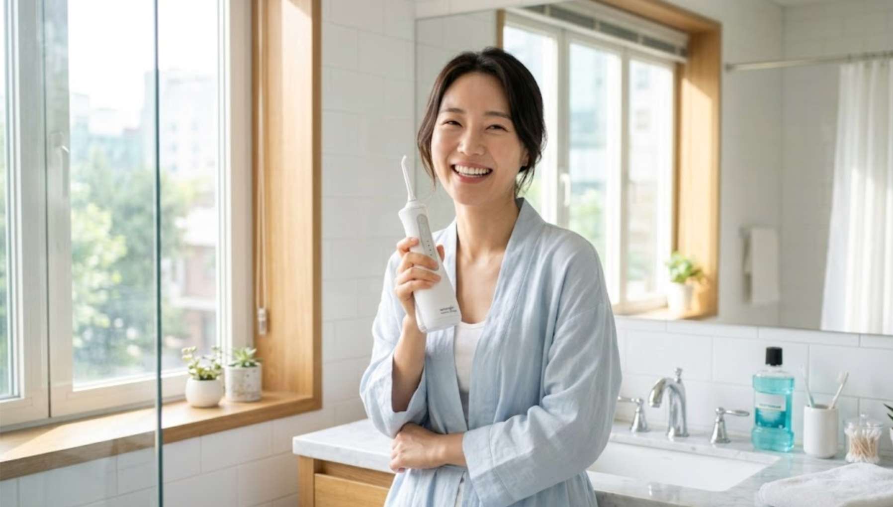 치아브릿지11 워터픽(구강세정기)을 들고 밝게 웃으며 구강 관리를 하는 여성