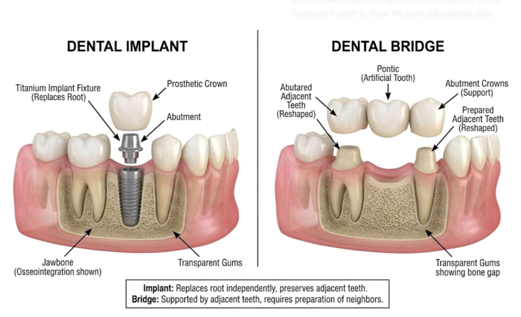 치아브릿지4 잇몸뼈에 심는 임플란트와 치아에 씌우는 브릿지 구조 비교
