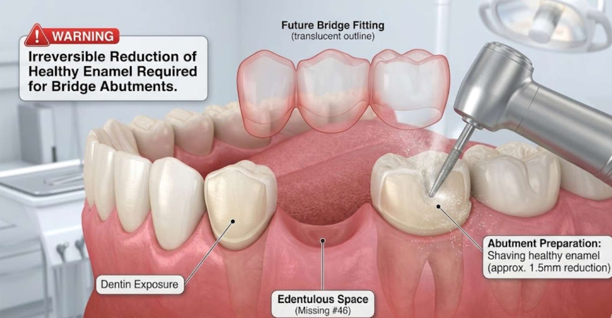 치아브릿지5 브릿지 치료를 위해 양옆 자연치아의 겉면을 삭제하는 모습