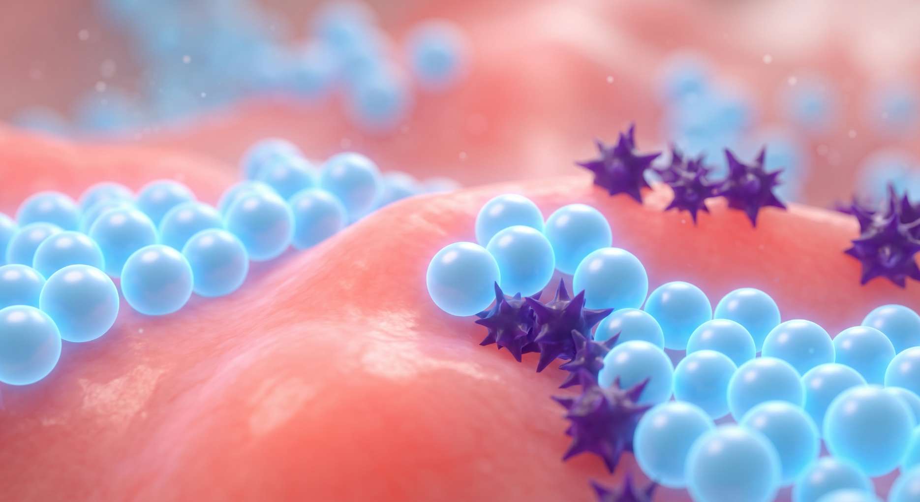 구강 내 유익균과 유해균의 상호작용을 보여주는 3D 일러스트