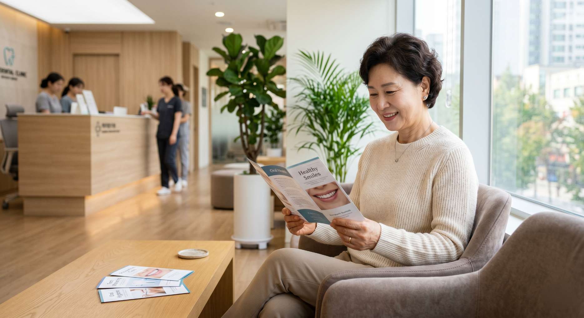 편안한 치과 대기실 소파에 앉아 구강 건강 팸플릿을 읽으며 미소 짓는 중년 여성