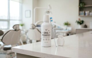 치과 진료실 테이블에 놓인 구강 유산균과 칫솔 치실 세트