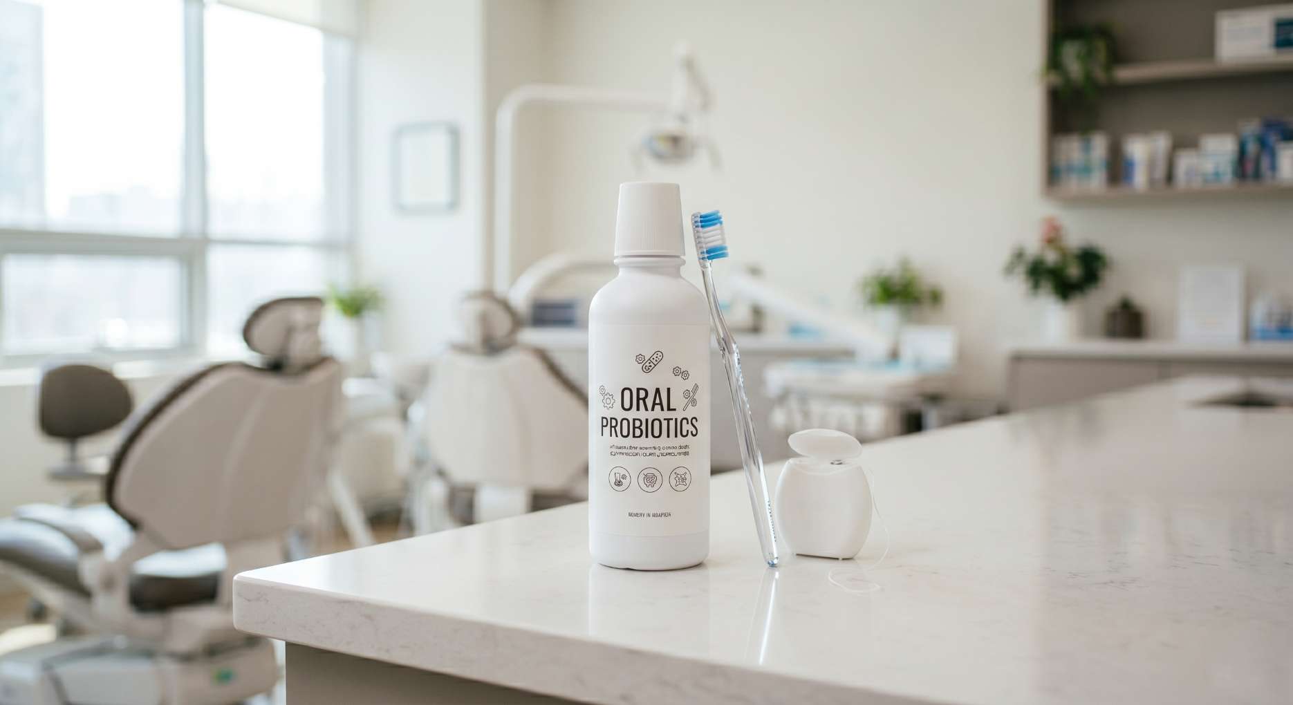 치과 진료실 테이블에 놓인 구강 유산균과 칫솔 치실 세트