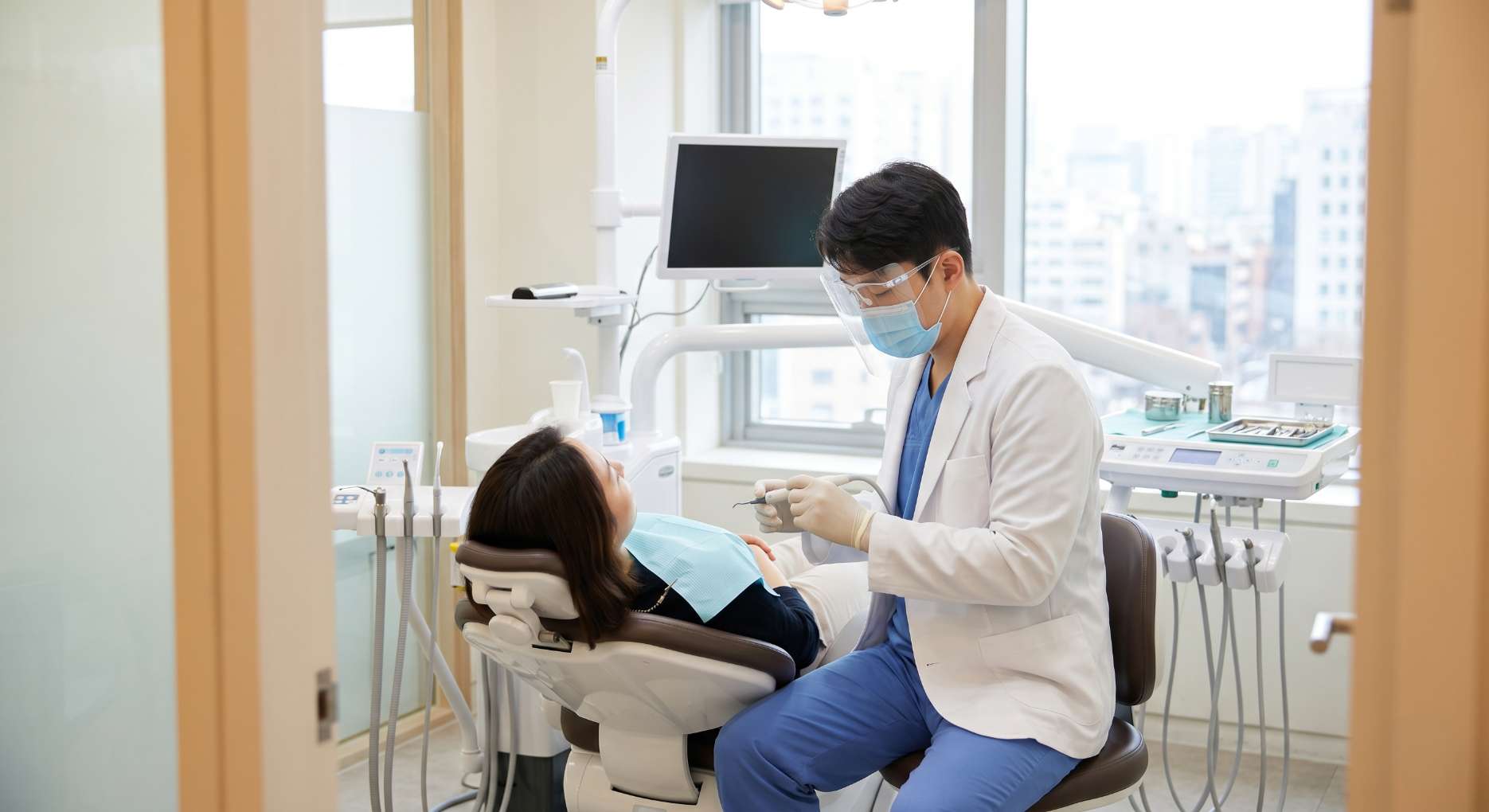 치과에서 스케일링 및 구강 검진을 받고 있는 환자의 모습