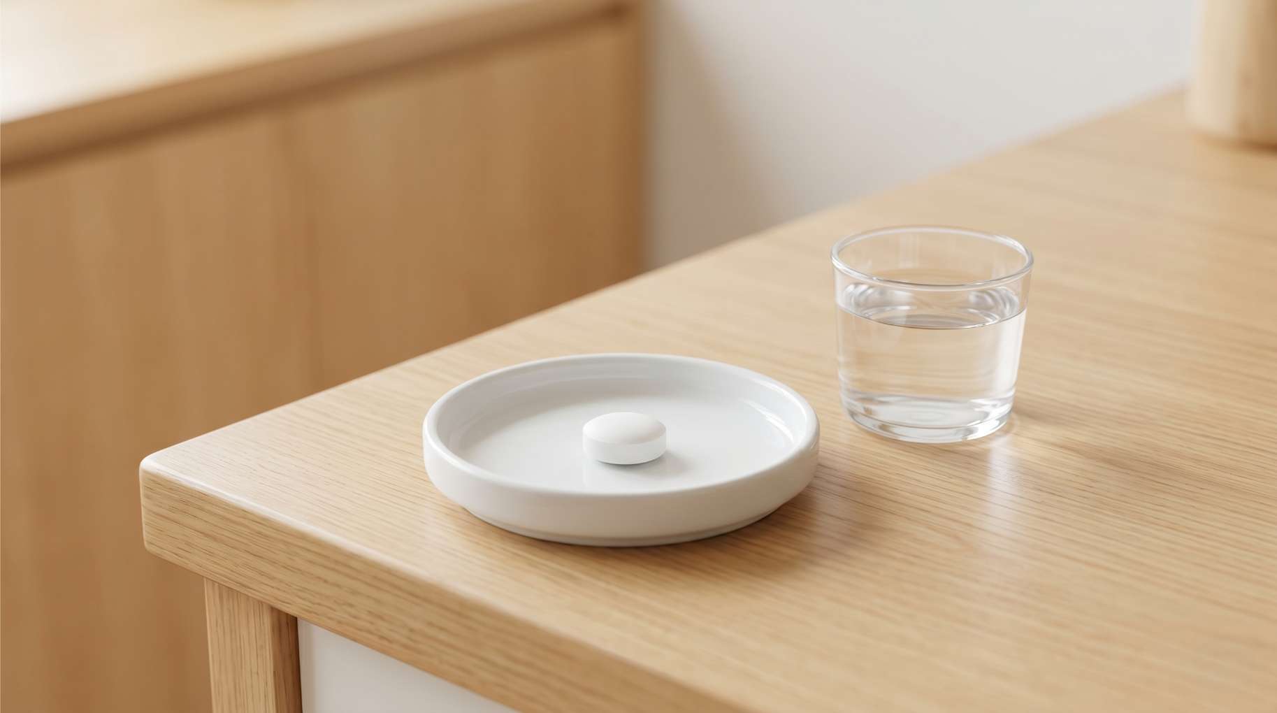 나무 테이블 위 접시에 놓인 타블렛형 구강 유산균과 물 한 잔