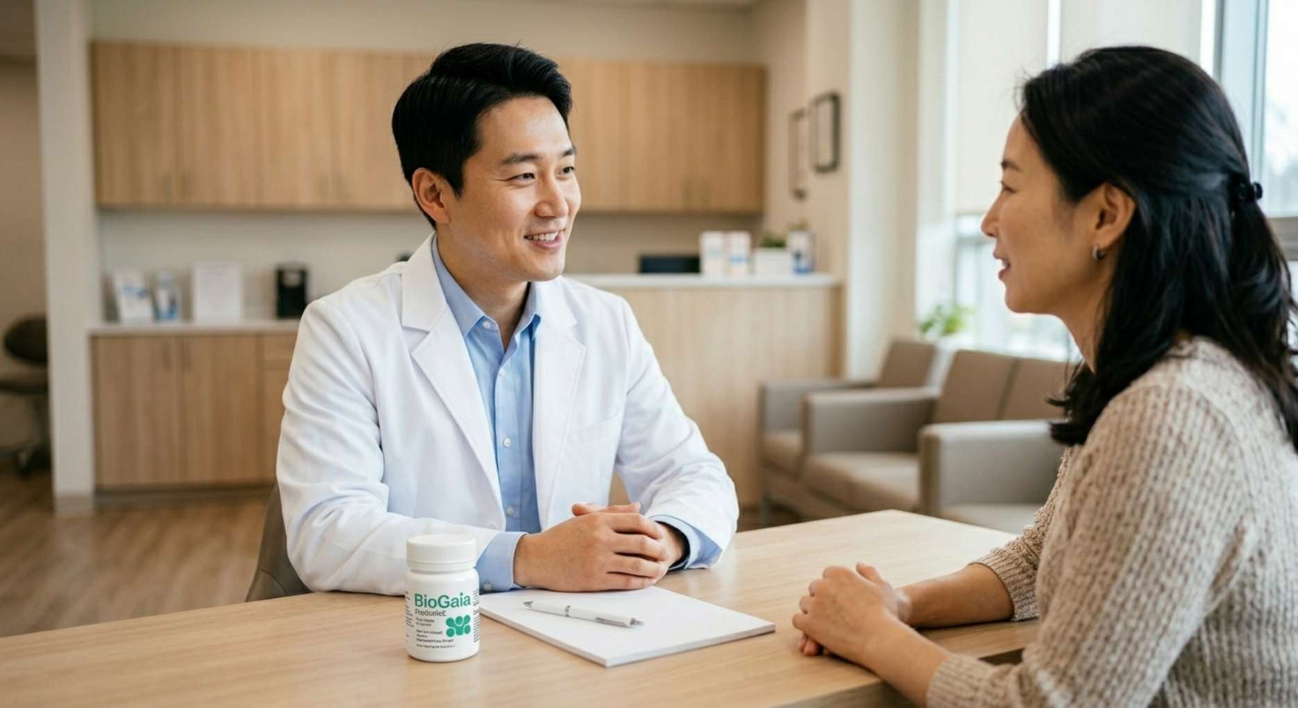 구강 유산균 제품을 책상에 두고 환자와 상담하는 치과의사