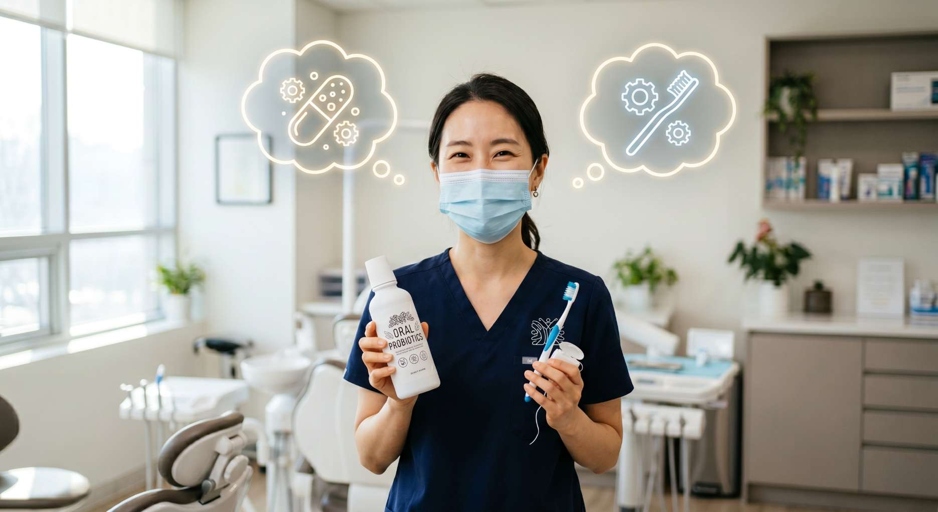 마스크를 쓴 치과 의료진이 구강 유산균 제품과 칫솔을 들고 올바른 구강 관리를 안내하는 모습