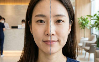 얼굴 중심선을 기준으로 좌우 턱선과 이목구비의 불균형을 보여주는 안면비대칭 사례 이미지