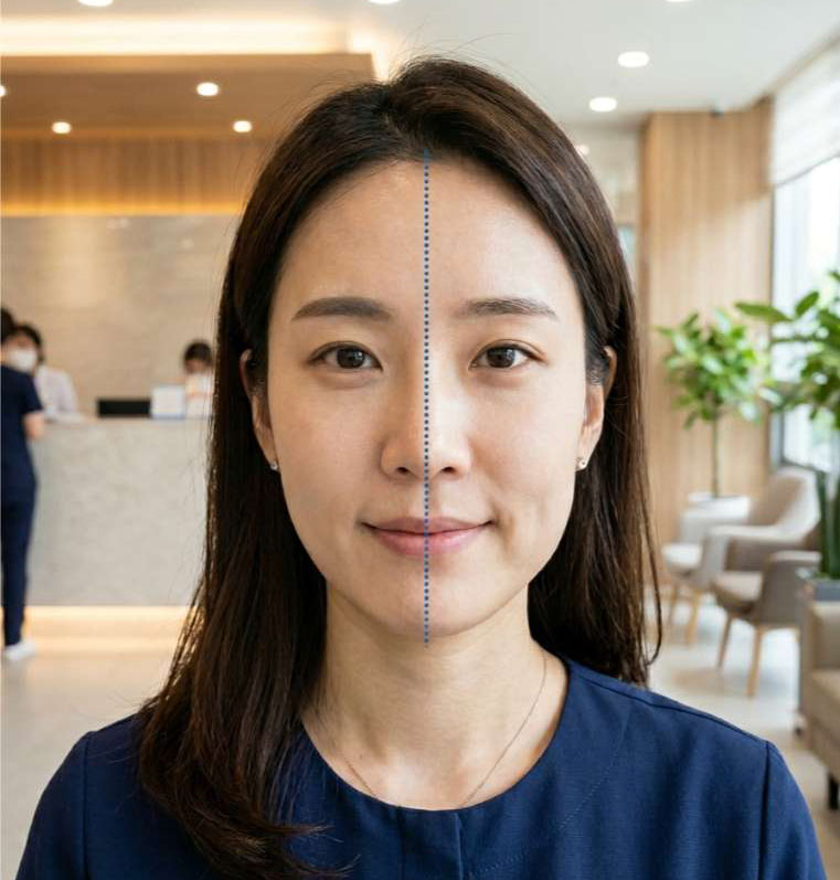 얼굴 중심선을 기준으로 좌우 턱선과 이목구비의 불균형을 보여주는 안면비대칭 사례 이미지