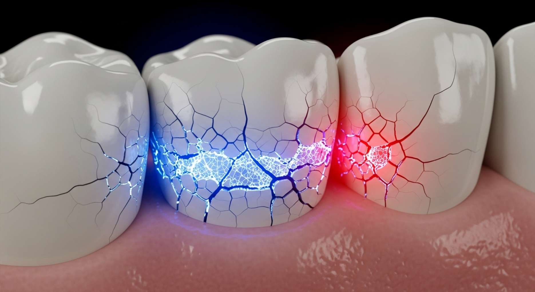 푸른색과 붉은색 빛으로 강조된 치아 표면의 미세한 균열(Crack) 이미지