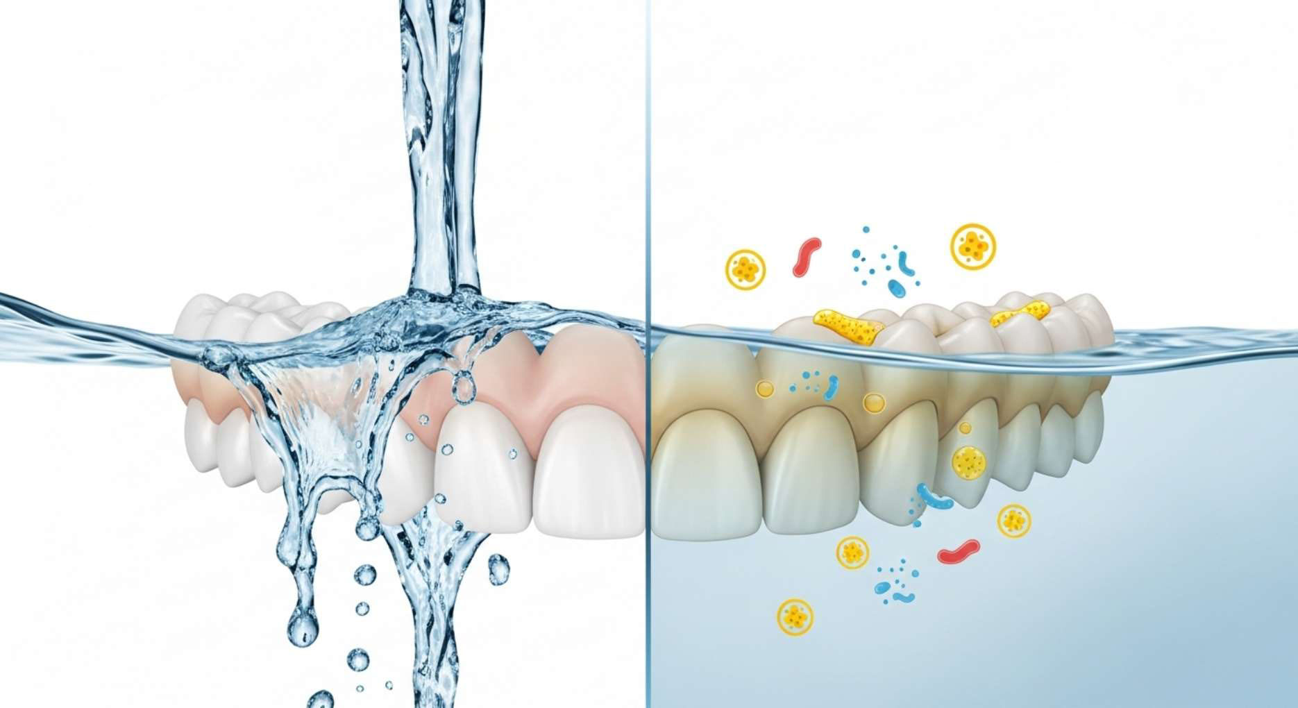 물줄기로 세척되는 깨끗한 치아와 세균 아이콘이 있는 치아의 비교 이미지