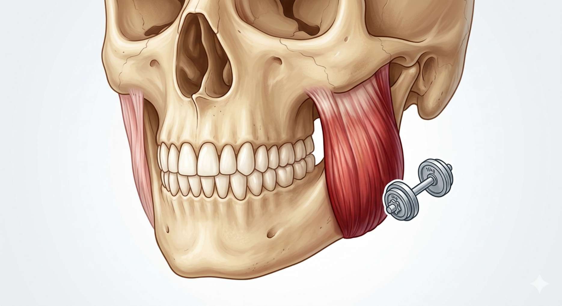 좌우 크기가 다른 턱 근육과 아령 아이콘을 활용한 근육 비대칭 해부학 일러스트