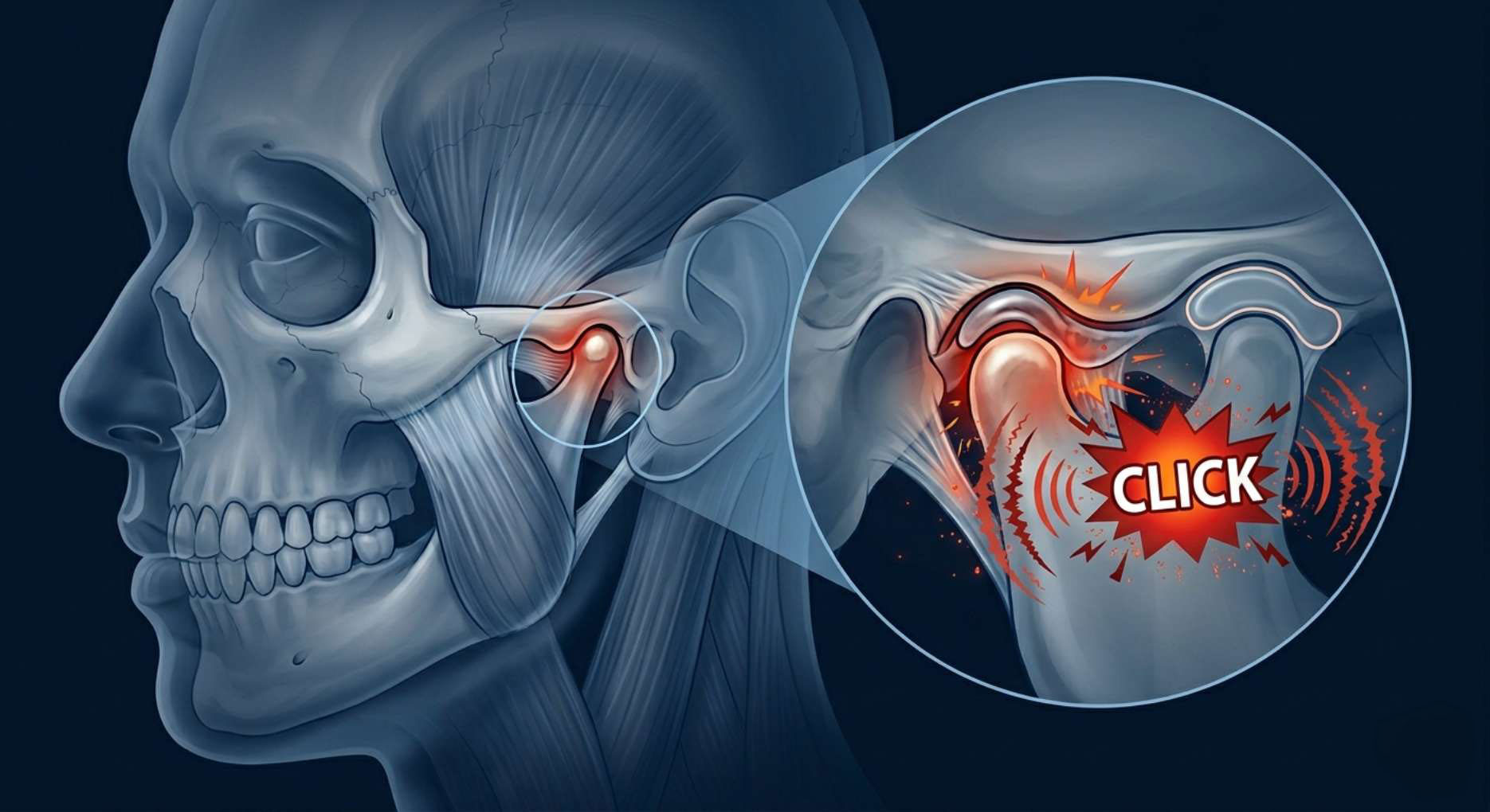 턱관절 디스크 탈출과 소리 발생(Click) 지점을 나타낸 턱관절 장애 시각화 이미지