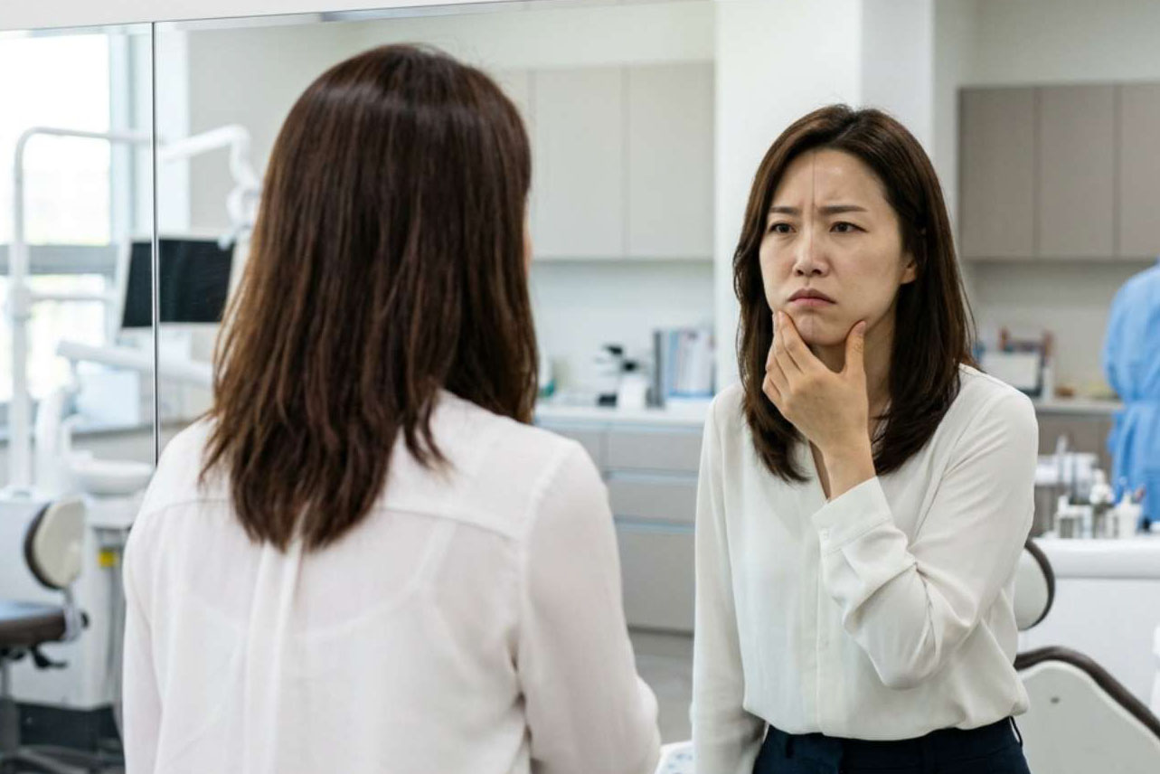 치과 거울을 통해 자신의 안면비대칭 상태를 확인하며 고민하는 환자