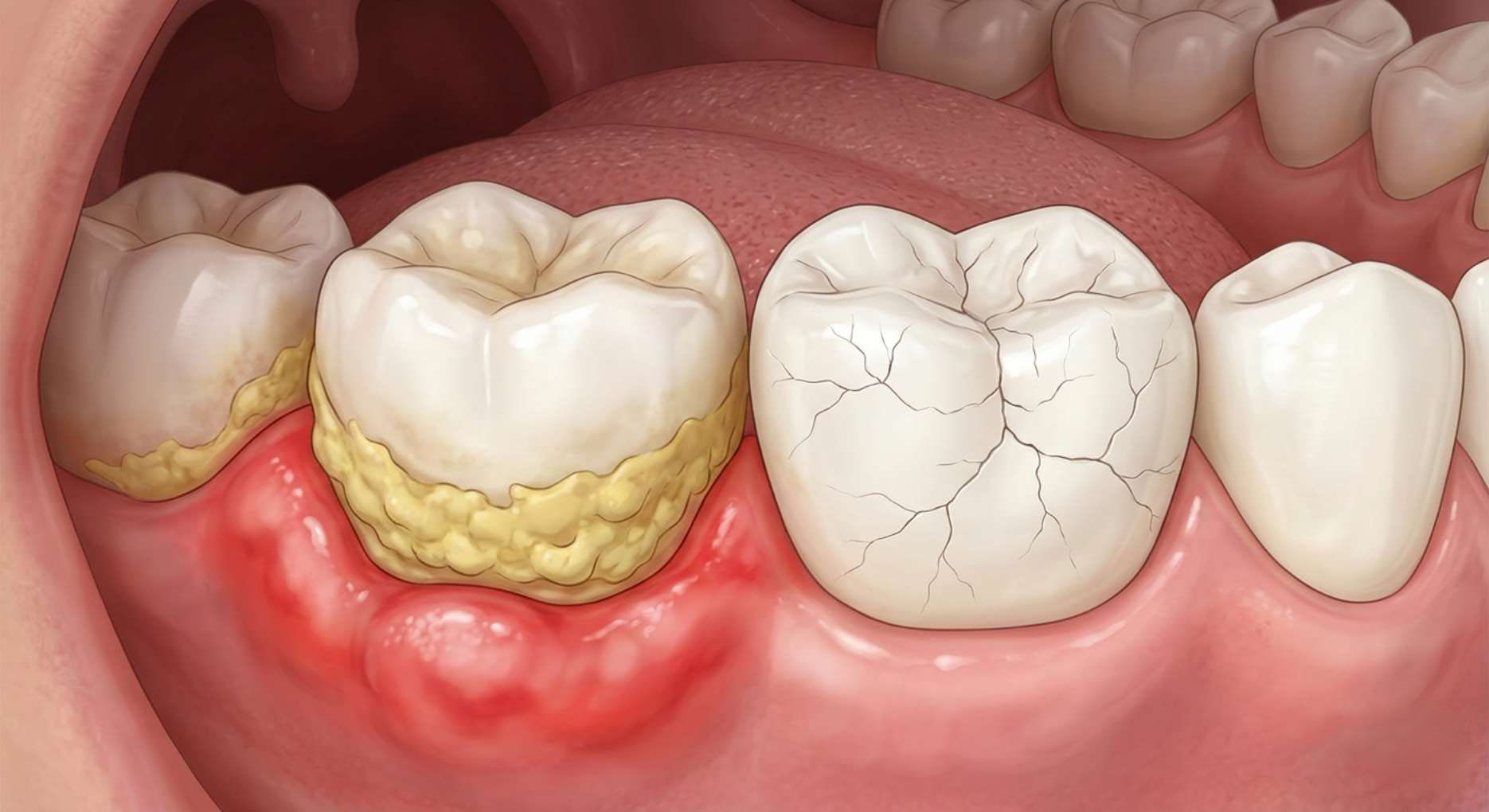 안 쓰는 쪽의 치석과 과하게 쓰는 쪽의 치아 균열을 비교한 메디컬 일러스트