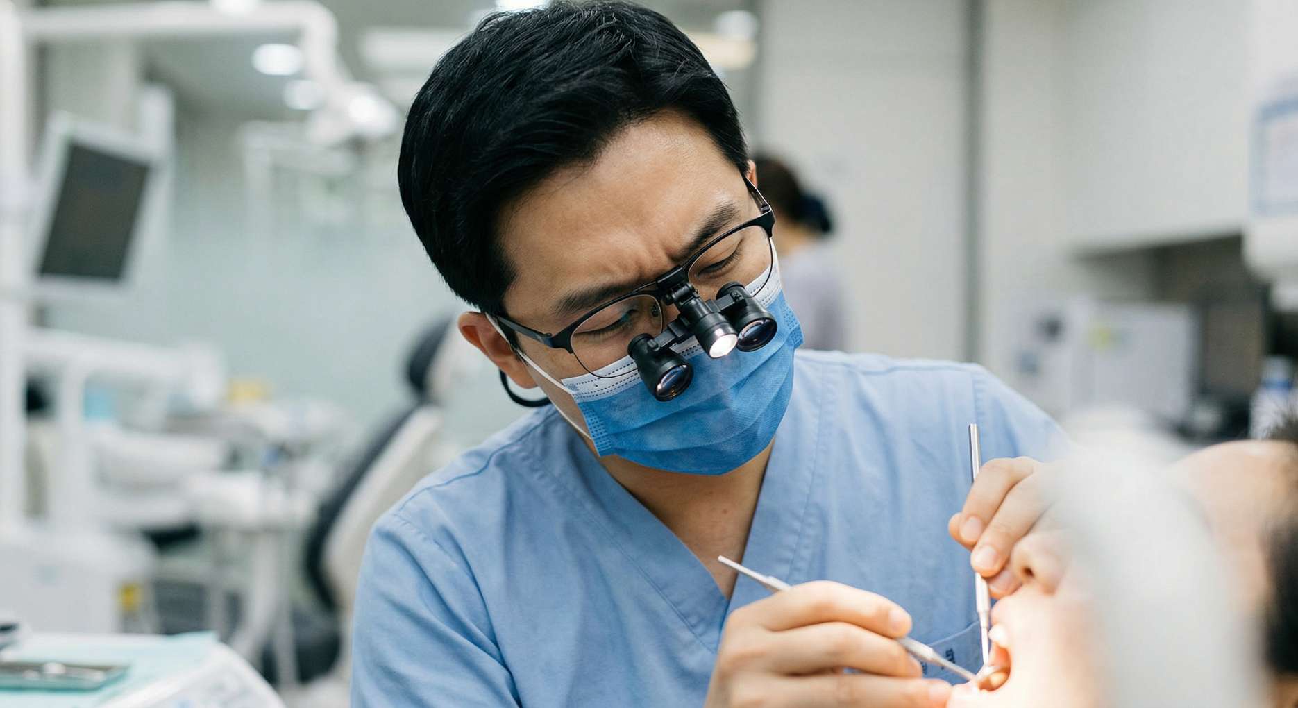 확대경을 끼고 환자의 치아 사이 인접면 충치를 정밀하게 치료 중인 치과 의사