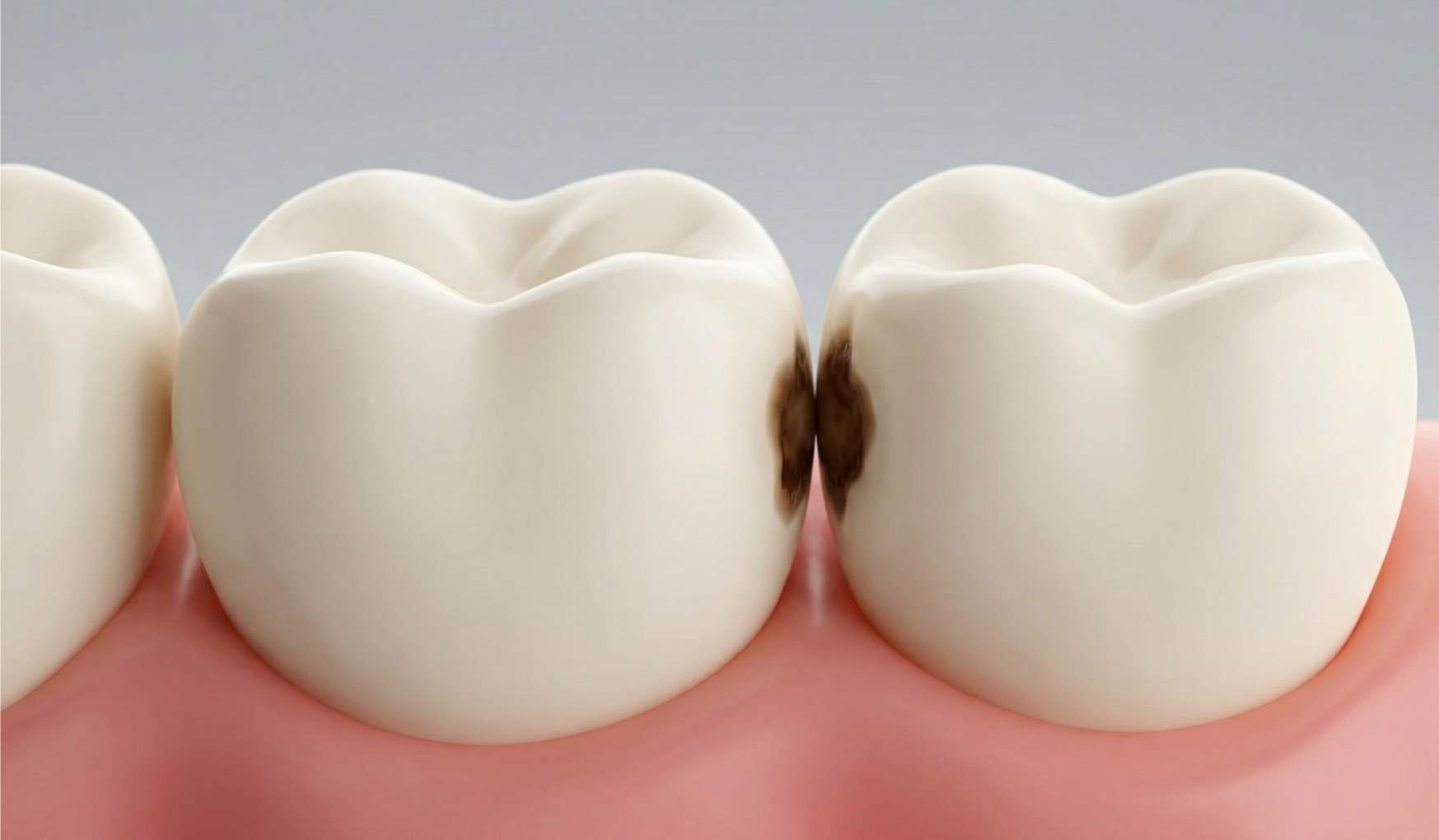 두 치아 사이가 맞닿은 곳에 까맣게 썩은 인접면 충치를 보여주는 3D 일러스트