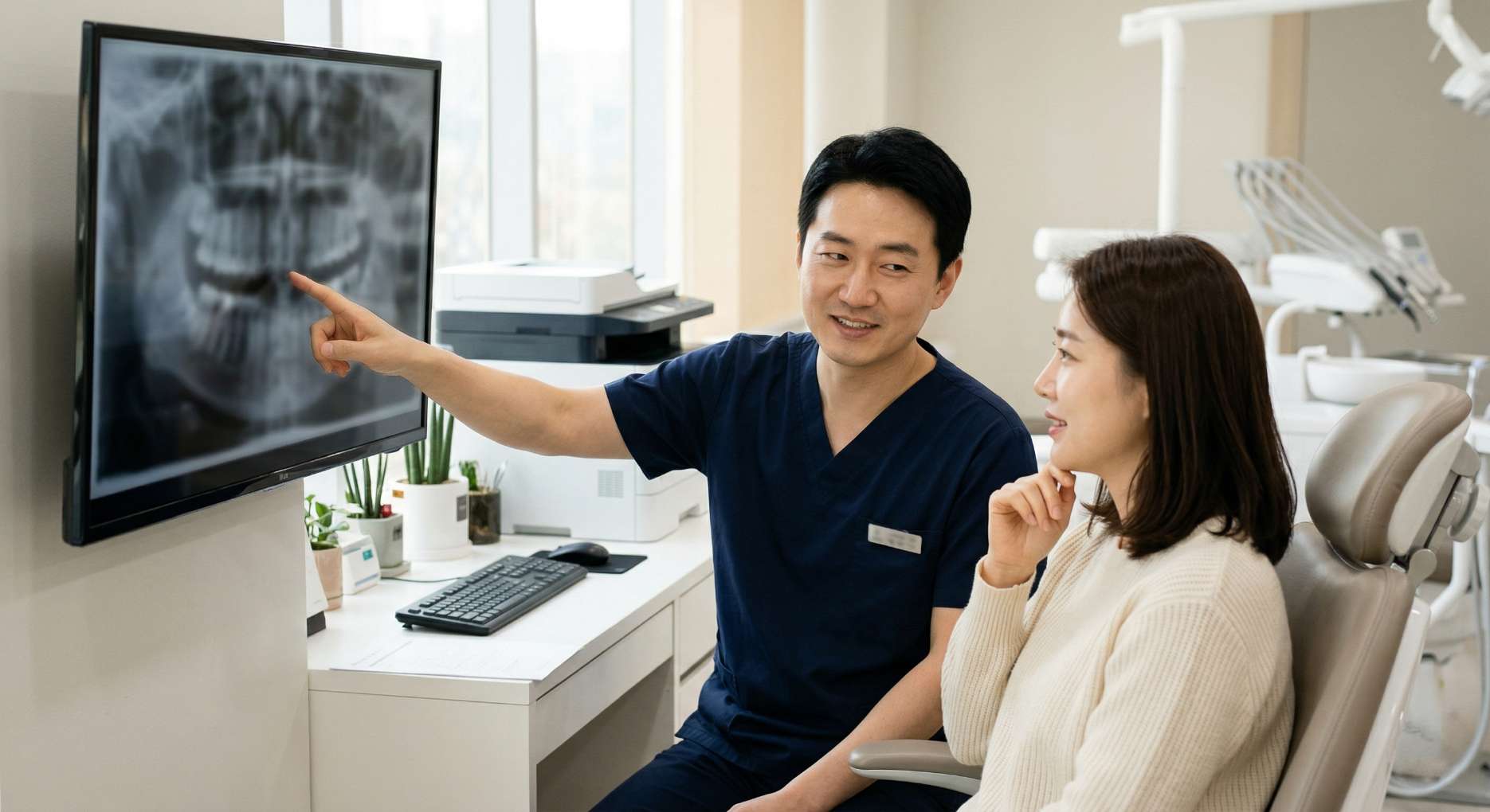 모니터에 띄워진 치과 엑스레이 사진을 보며 환자에게 치아 사이 충치 상태를 설명하는 치과 의사