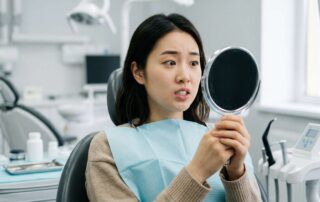 치과 의자에 앉아 손거울로 자신의 치아 충치를 확인하며 걱정스러운 표정을 짓는 여성 환자