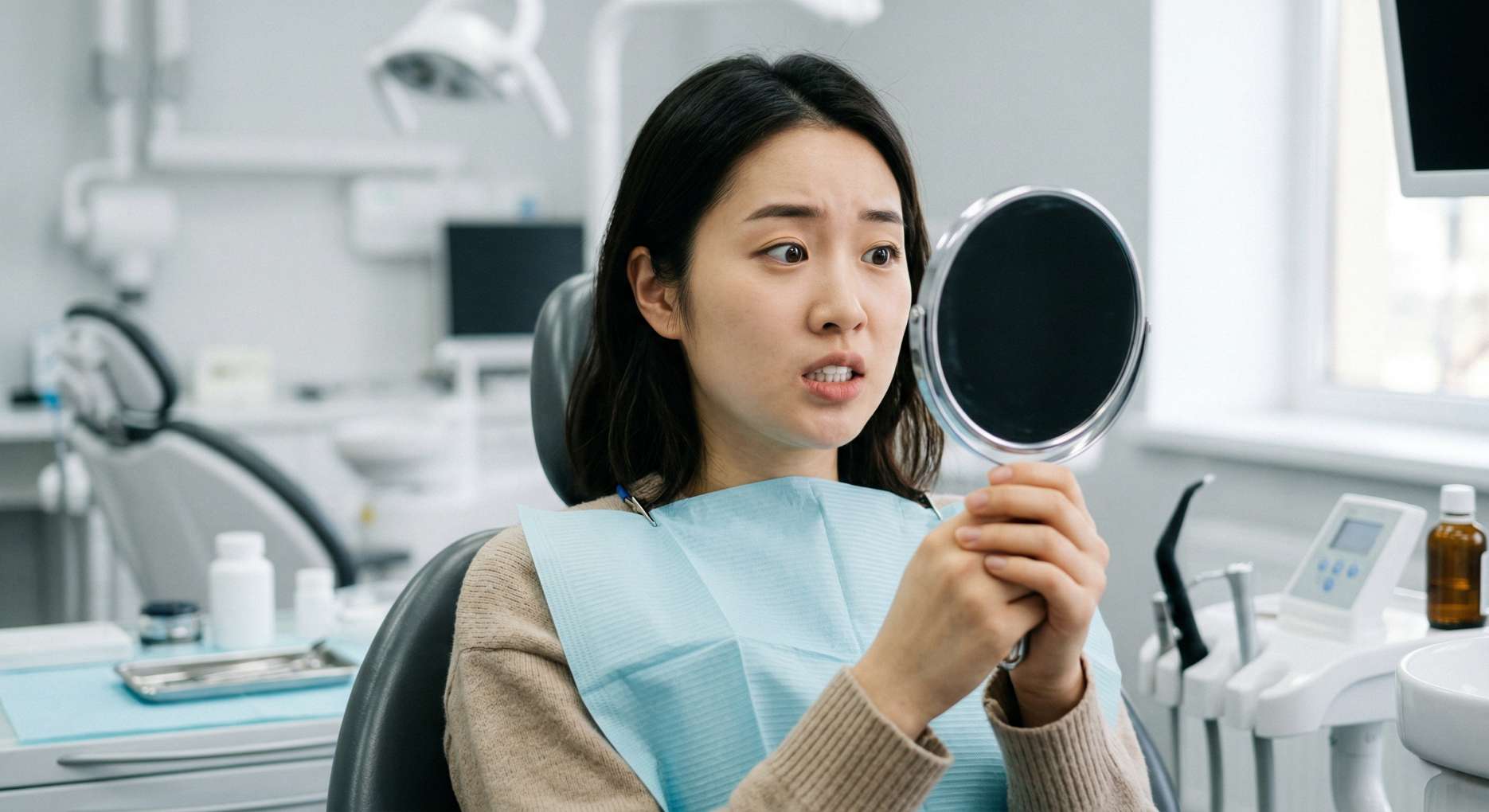 치과 의자에 앉아 손거울로 자신의 치아 충치를 확인하며 걱정스러운 표정을 짓는 여성 환자