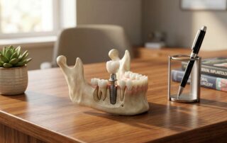 책상 위에 놓인 임플란트 3단 구조(인공치근, 지대주, 크라운) 설명 모형