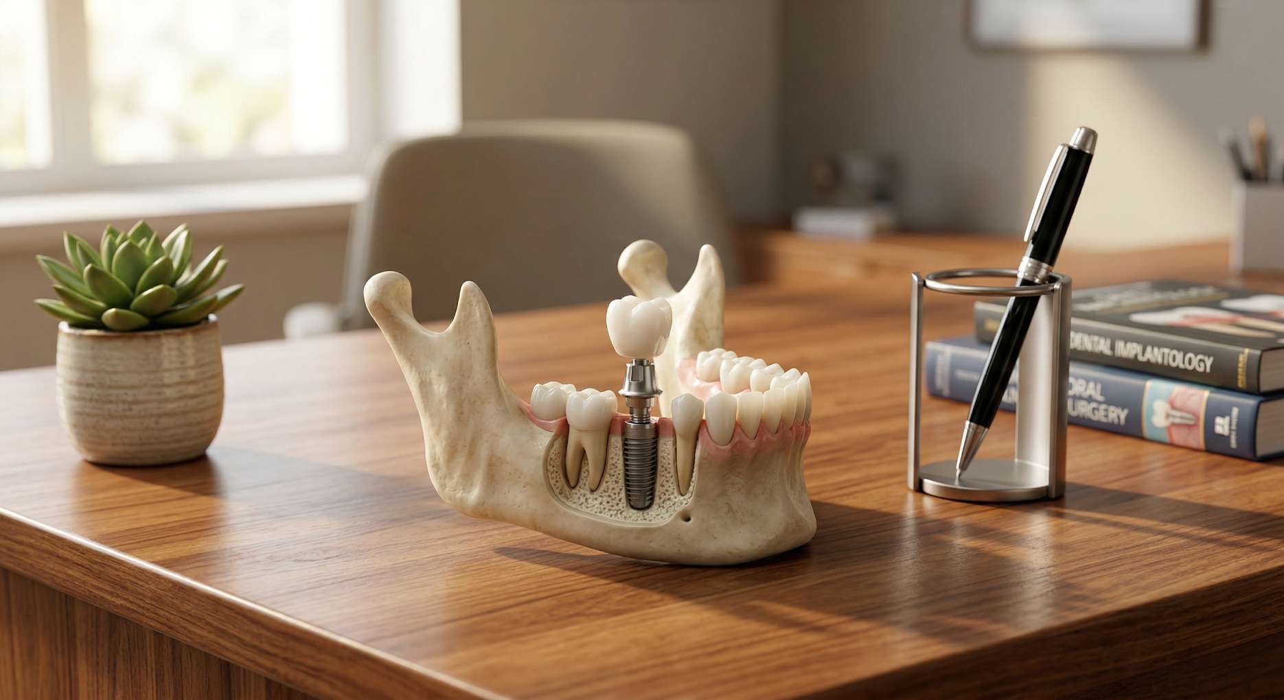 책상 위에 놓인 임플란트 3단 구조(인공치근, 지대주, 크라운) 설명 모형