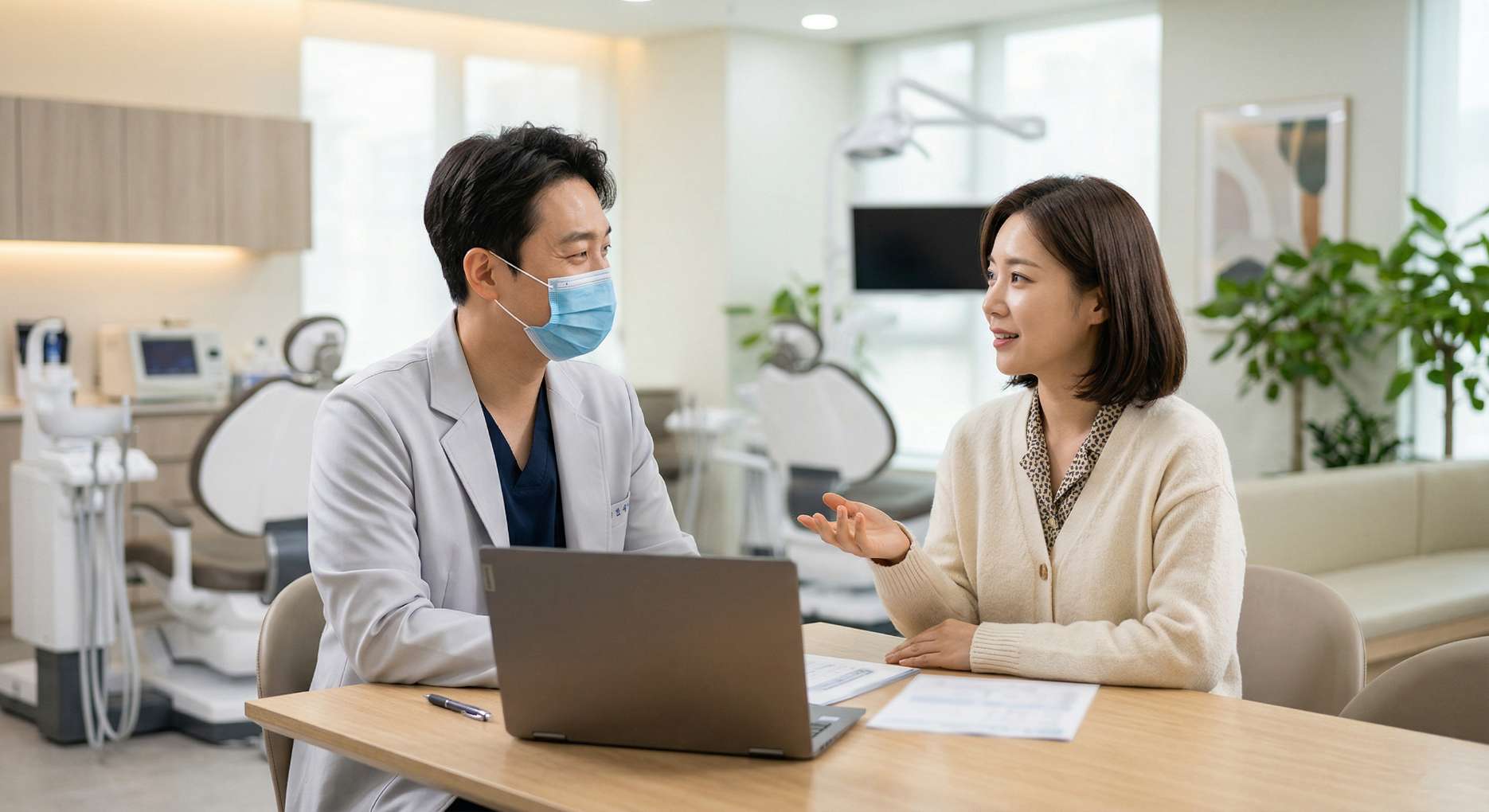 임플란트 2차 수술2 치과 의사에게 임플란트 2차 수술 과정과 주의사항에 대해 설명을 듣고 있는 환자