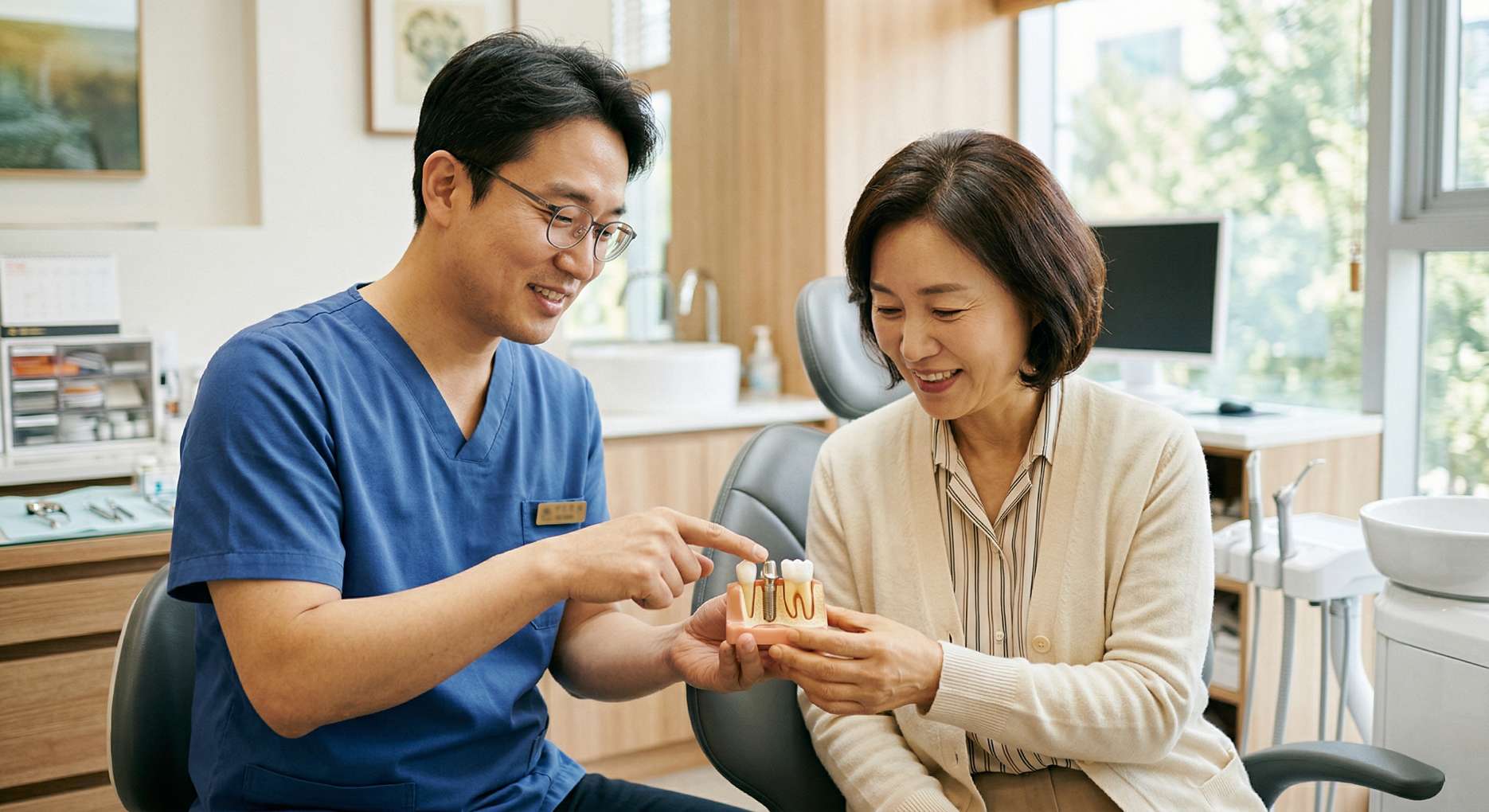 임플란트 2차 수술4 치아 모델을 보며 임플란트 2차 수술 후 지대주가 연결되는 방식을 설명하는 치과 의사