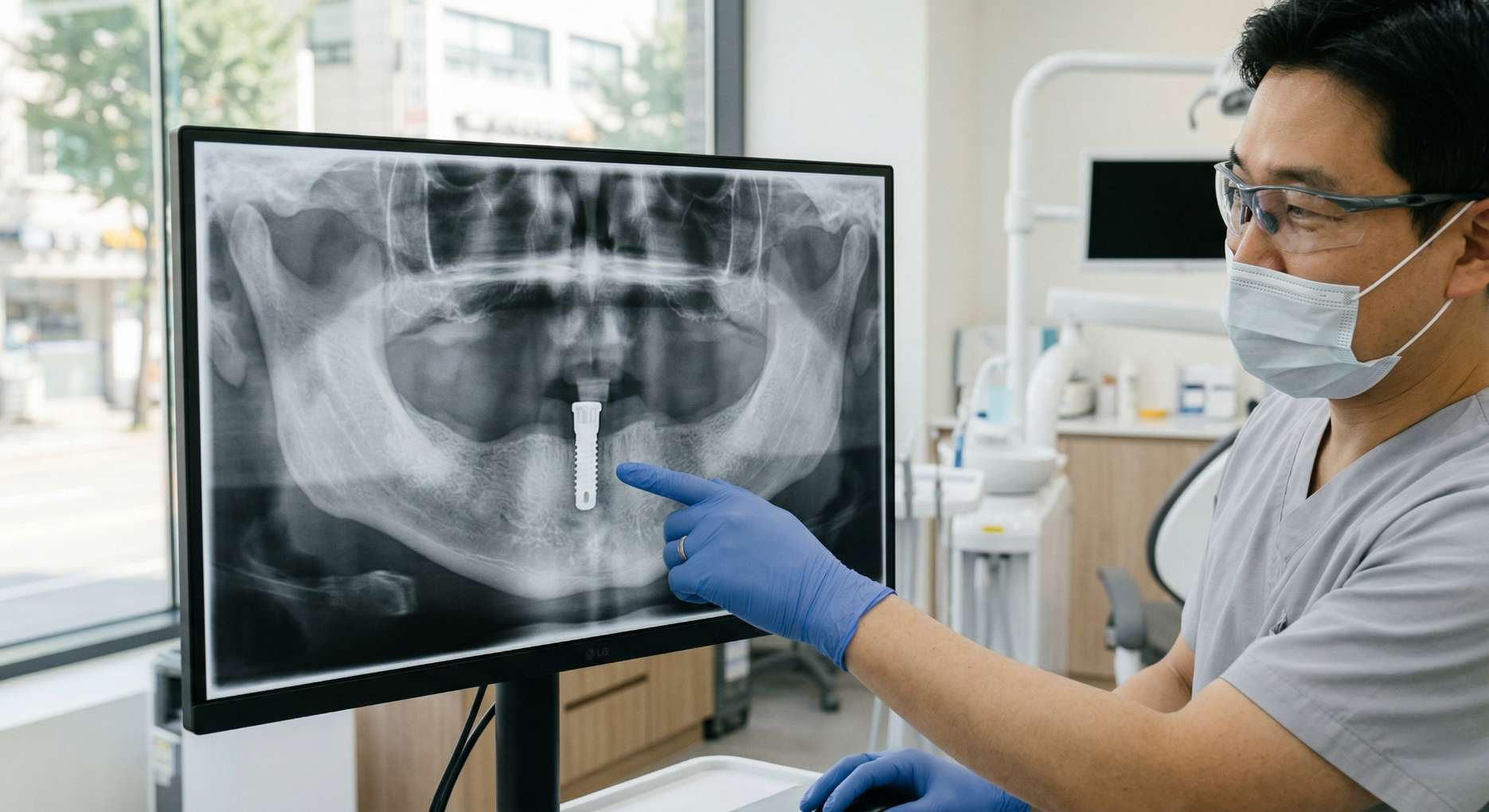 임플란트 2차 수술5 모니터의 파노라마 엑스레이를 통해 임플란트 식립 상태를 정밀 체크하는 모습