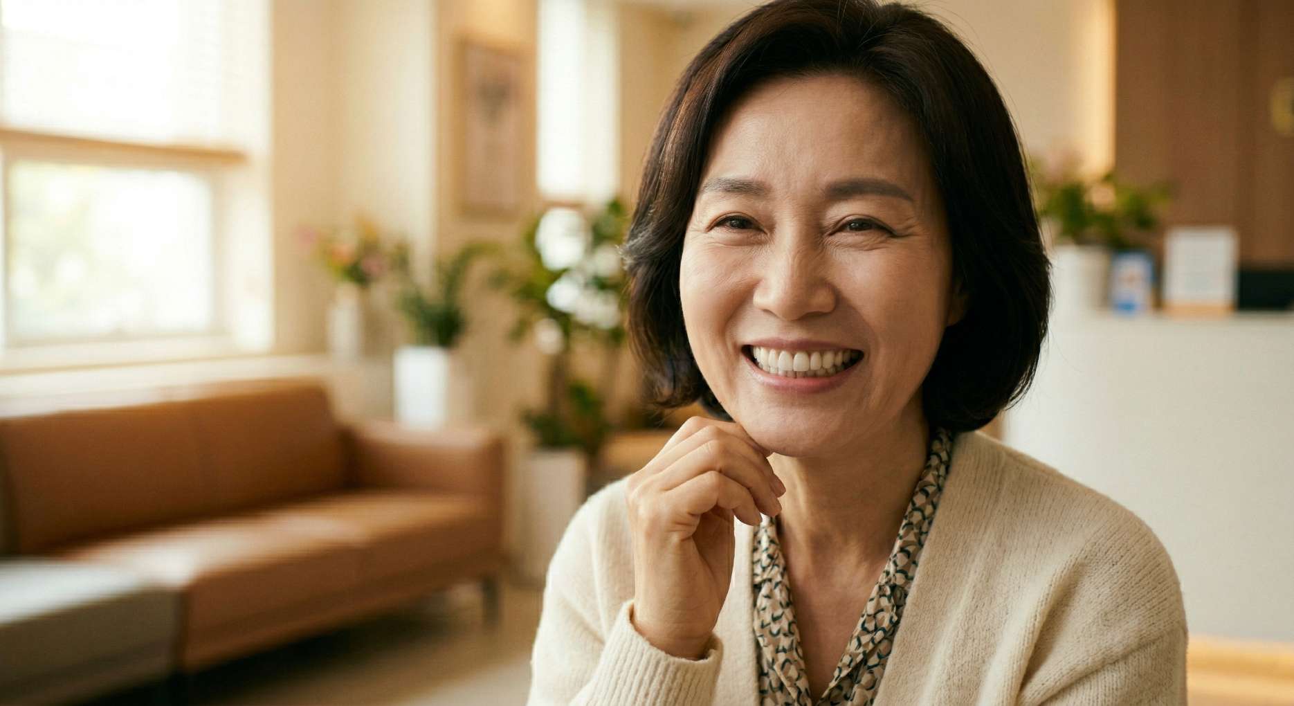 임플란트 2차 수술9 임플란트 2차 수술 후 건강한 치아와 밝은 미소를 되찾은 중년 여성 환자