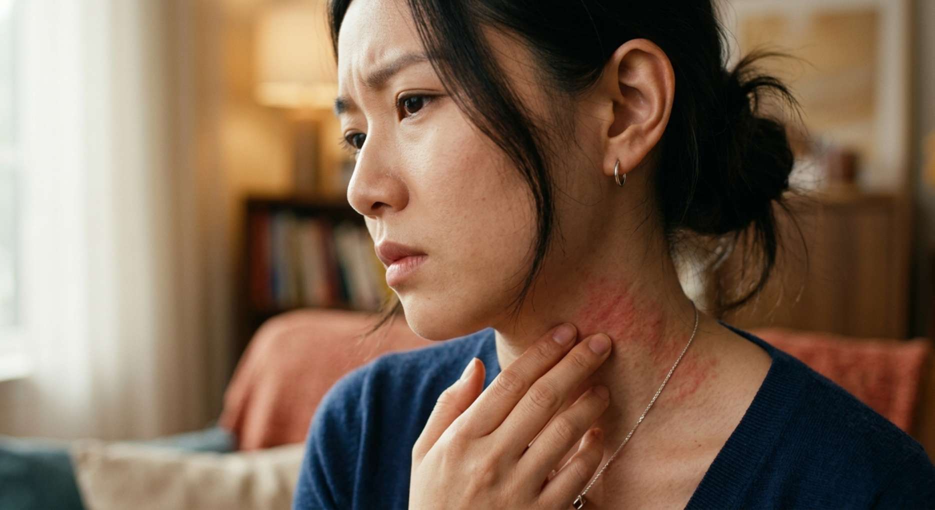 목 주변 피부에 붉은 발진이 생겨 걱정하는 표정의 여성