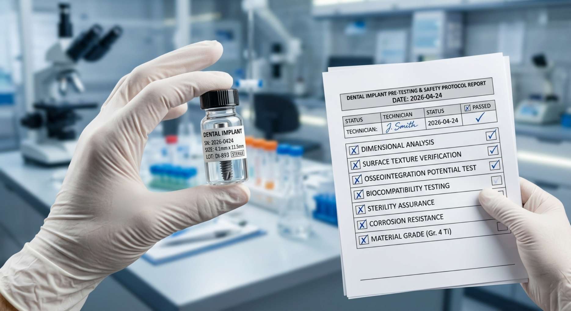 생체 적합성 및 안전성 테스트를 완벽하게 통과한 치과용 임플란트와 품질 검사 결과지