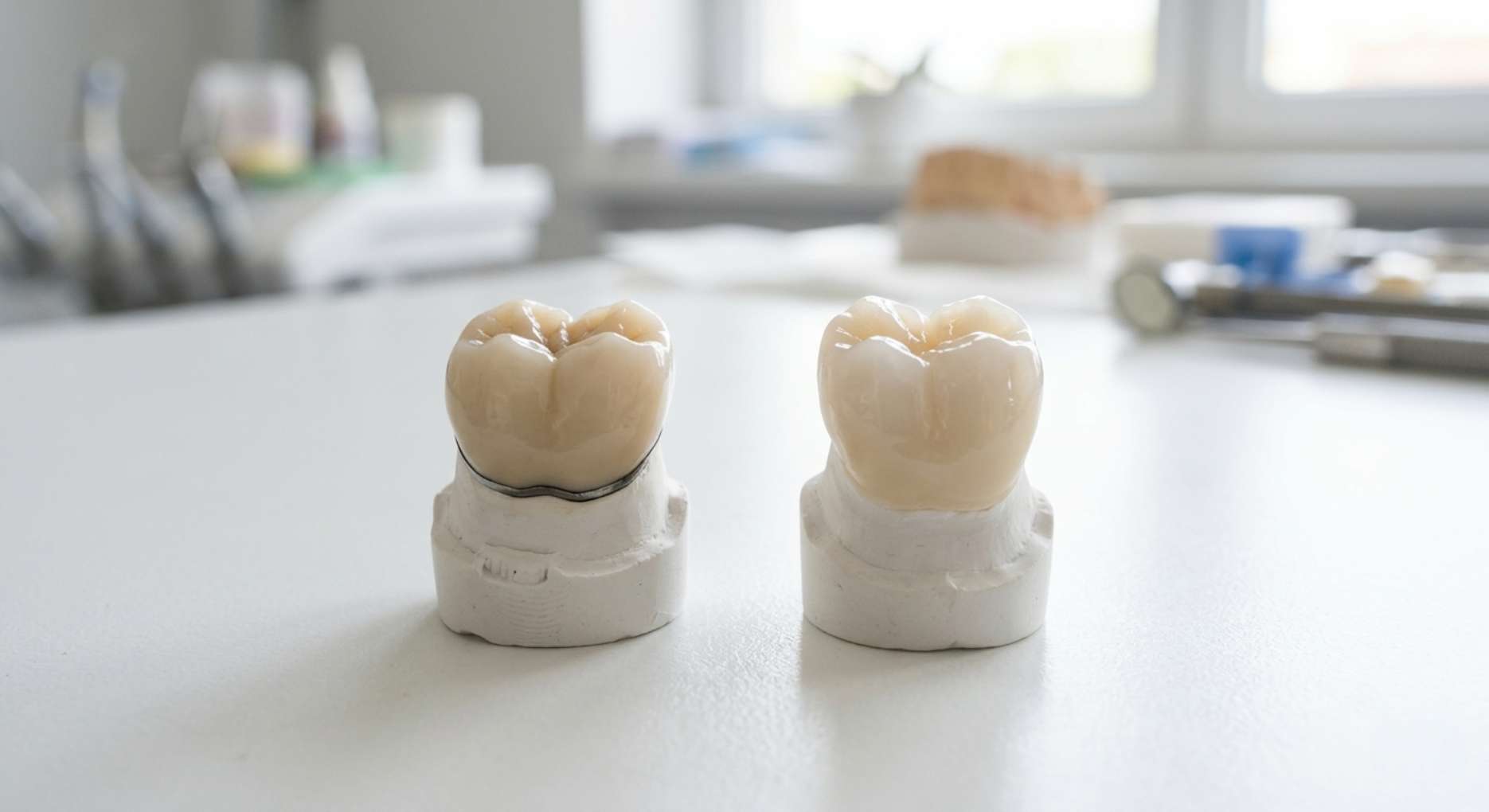 내부에 금속이 들어간 PFM 크라운과 100% 생체 친화적인 지르코니아 크라운 치아 모형 비교