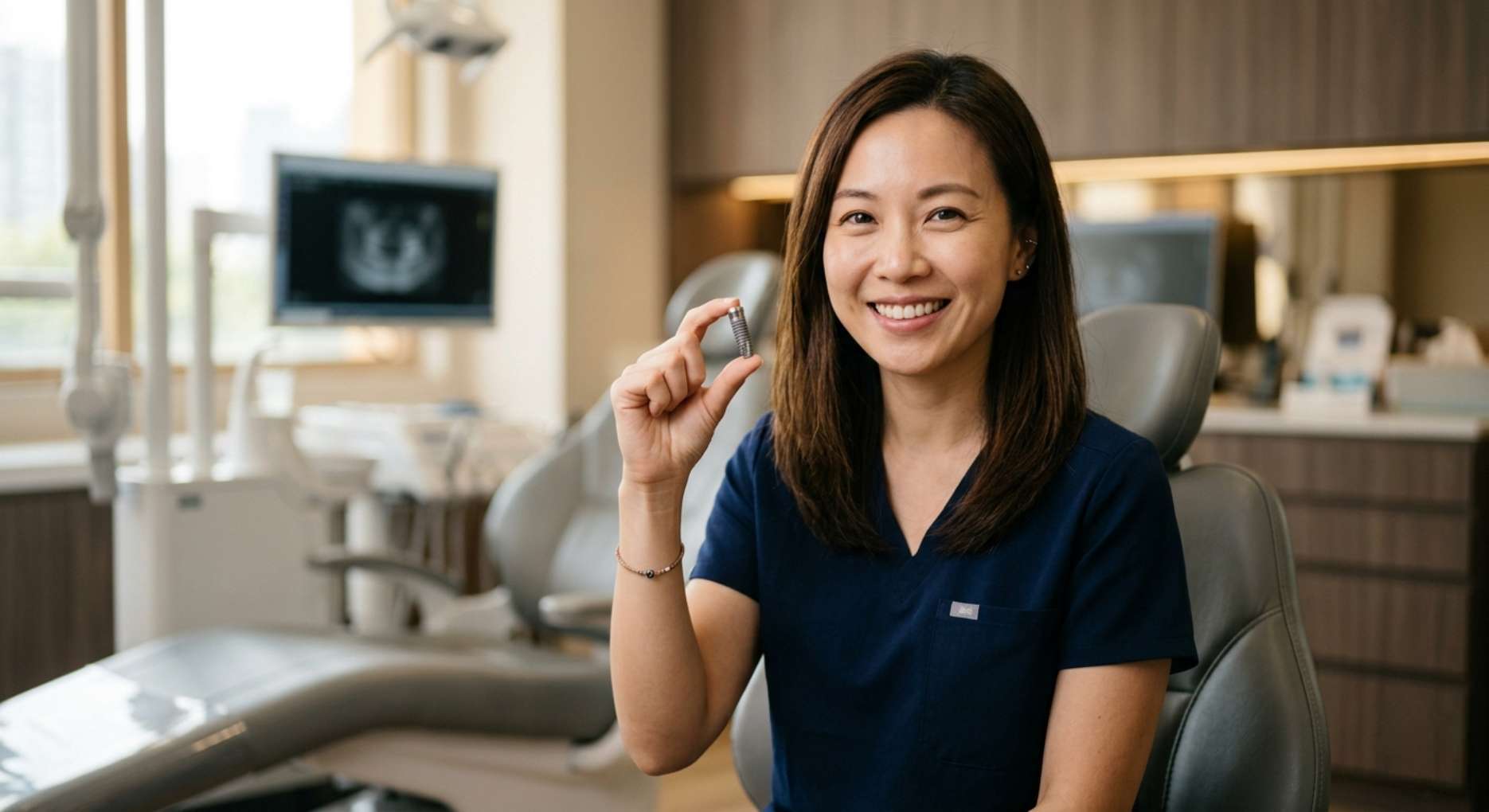 임플란트 픽스처를 손에 들고 환하게 미소 짓는 치과 의료진