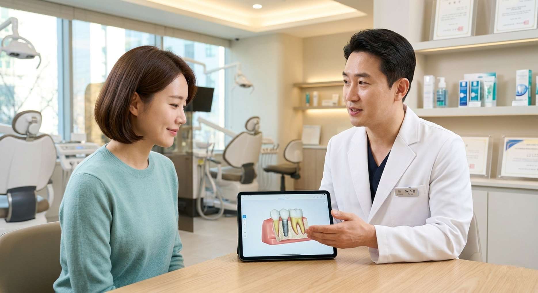 태블릿의 3D 치아 모형을 보며 환자에게 맞춤형 진단을 설명하는 치과의사