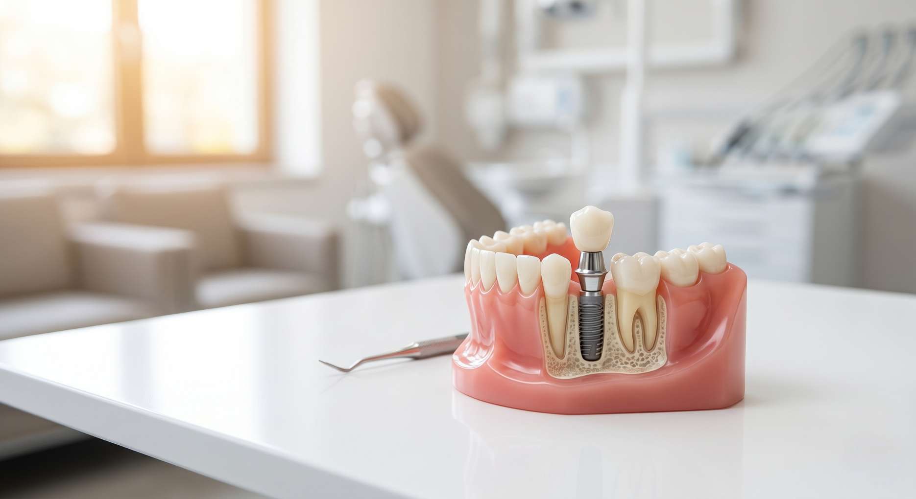 잇몸뼈에 단단하게 식립된 임플란트의 내부 구조를 보여주는 치아 단면 모형