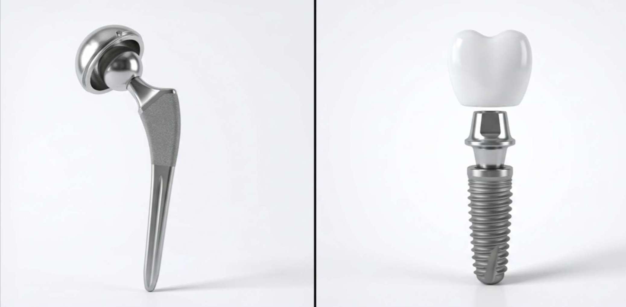 정형외과용 티타늄 인공 관절과 치과용 티타늄 임플란트를 나란히 비교한 이미지