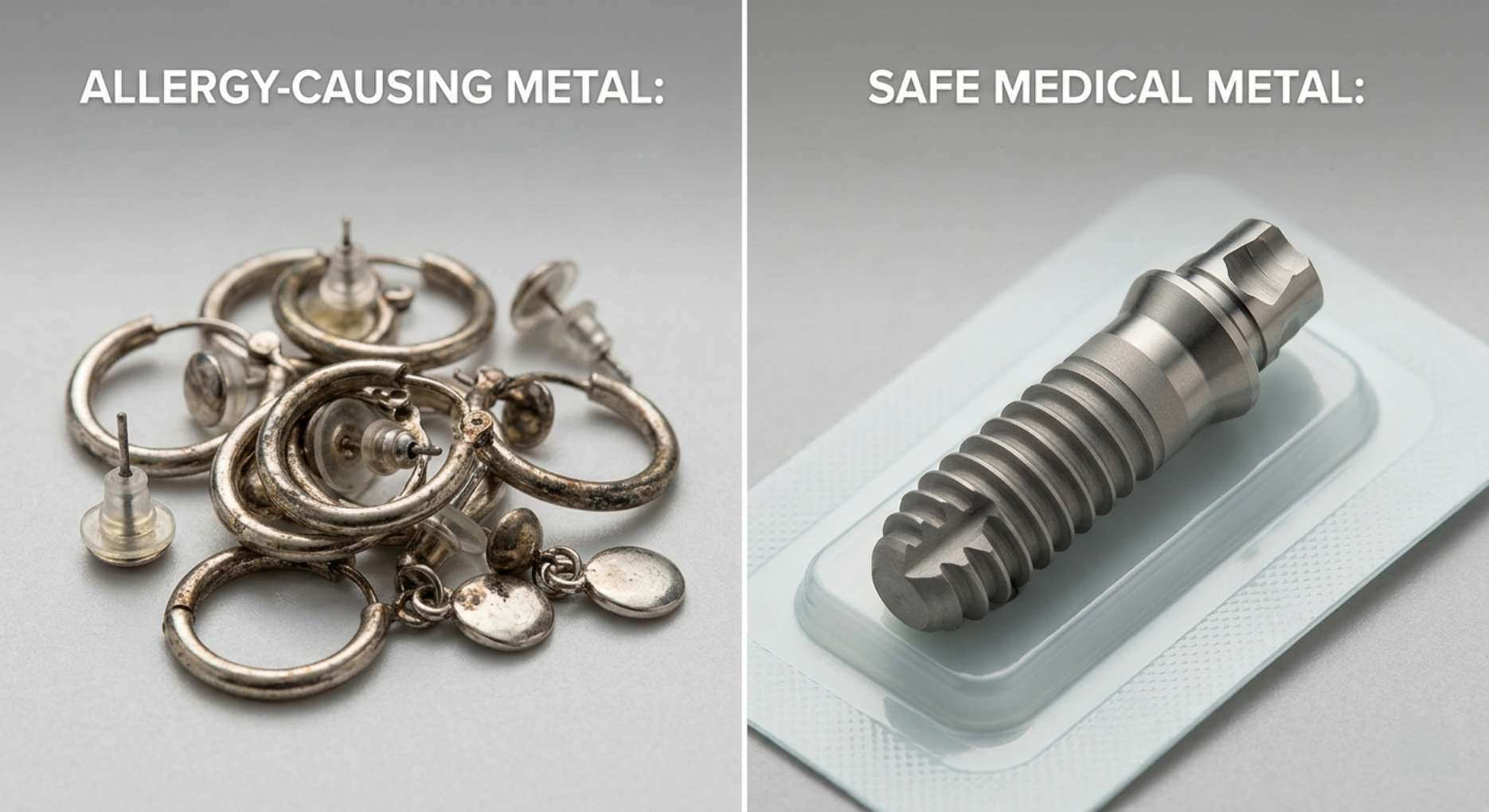 알레르기를 유발하는 일반 액세서리 금속과 안전한 치과용 티타늄 임플란트 비교 사진