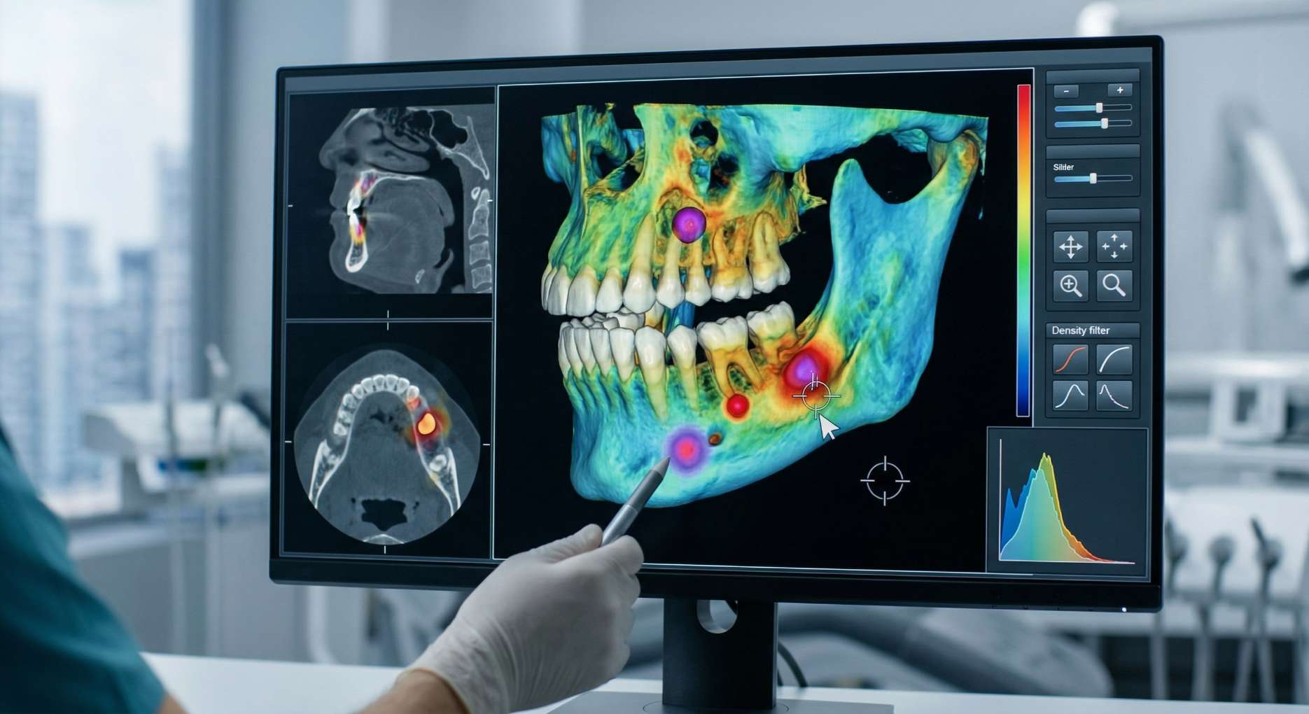 임플란트 잇몸치료1 3D CT 화면을 보며 임플란트 식립을 위한 잇몸뼈의 밀도와 상태를 정밀하게 분석하는 치과 의료진