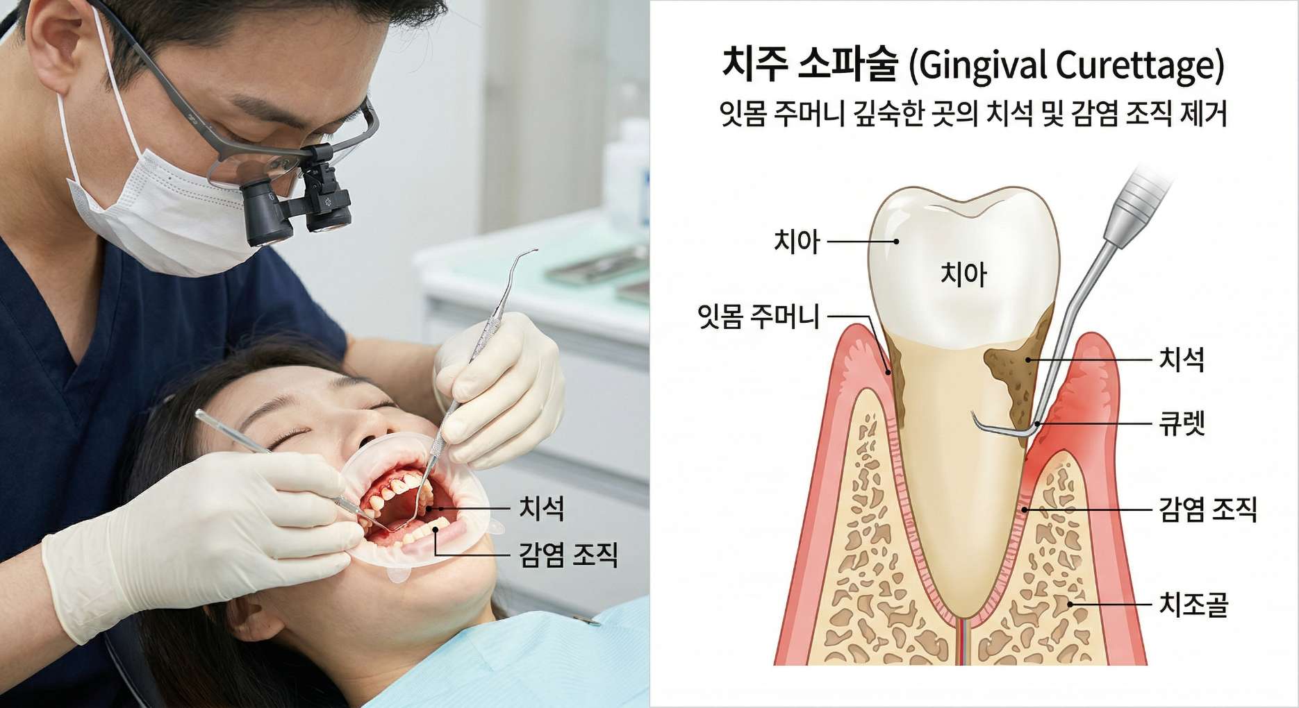 임플란트 잇몸치료2 큐렛을 이용해 잇몸 주머니 깊숙한 곳의 치석과 감염 조직을 제거하는 치주소파술 시술 모습과 원리 단면도