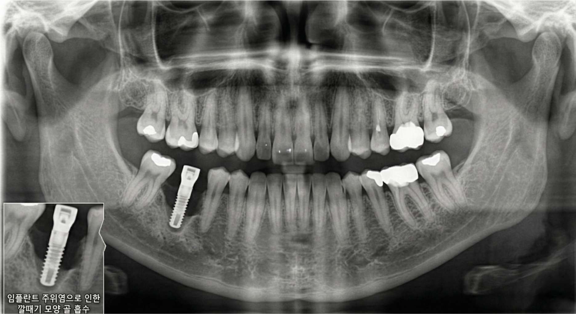 임플란트 주위염으로 인해 픽스처 주위의 잇몸뼈가 깔때기 모양으로 심각하게 흡수된 파노라마 엑스레이 사진