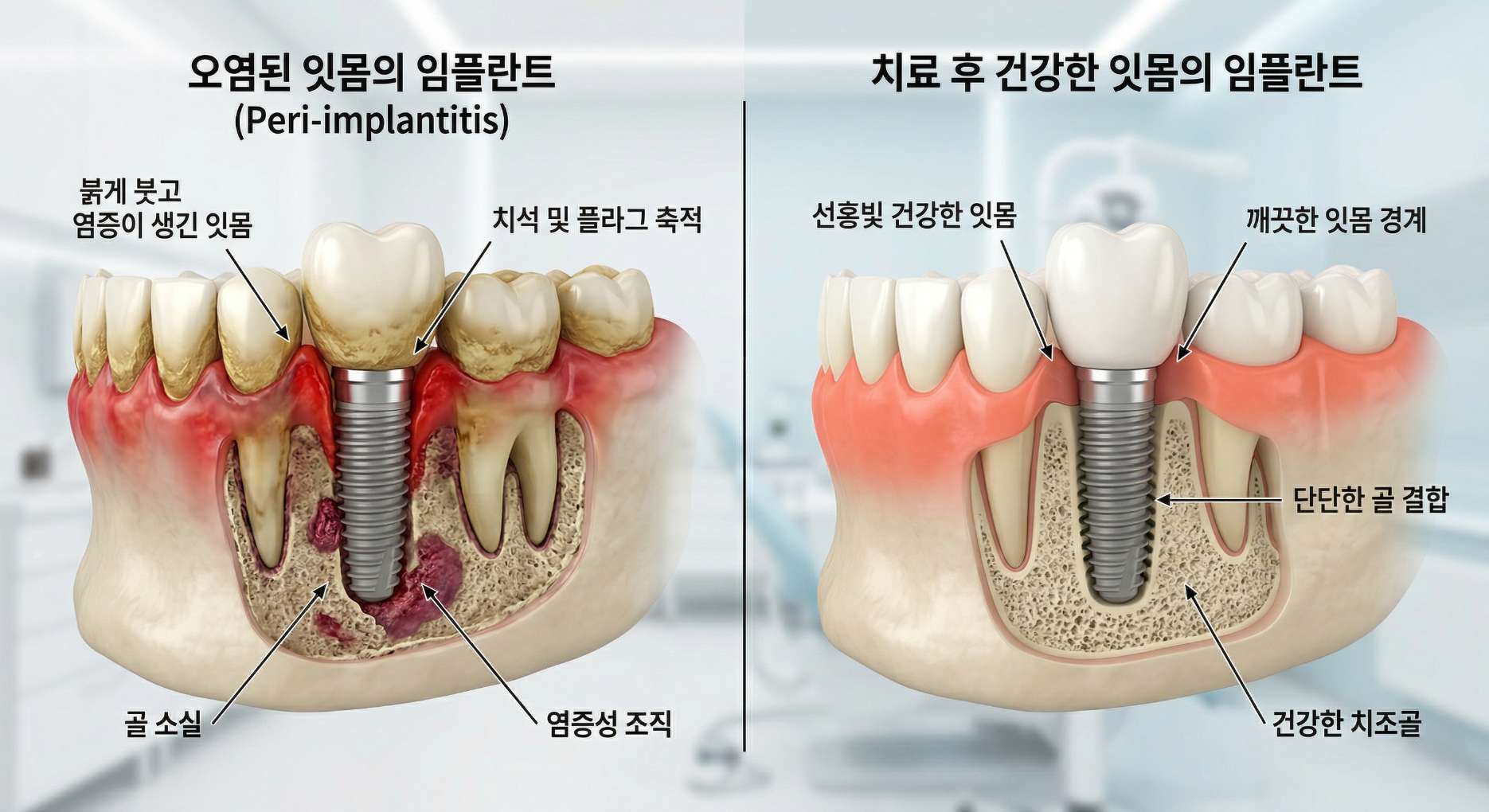 임플란트 잇몸치료5 임플란트 주위염으로 인해 픽스처 주위의 잇몸뼈가 깔때기 모양으로 심각하게 흡수된 파노라마 엑스레이 사진