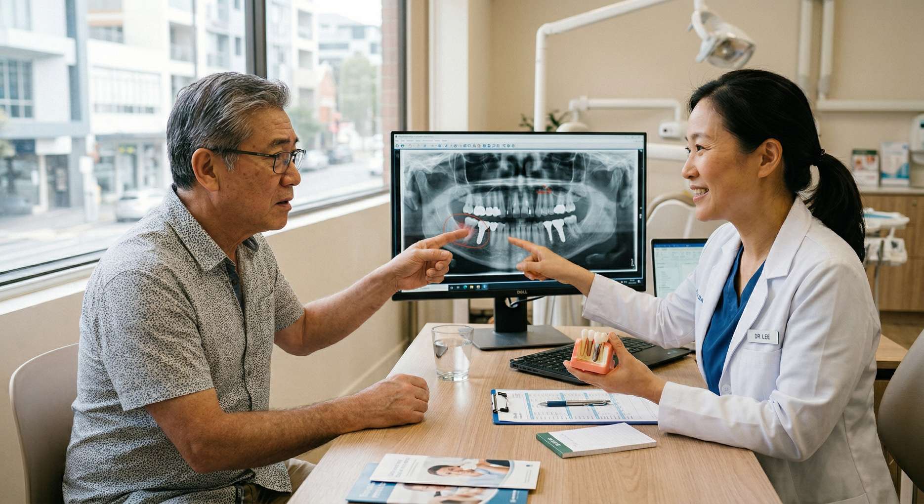 임플란트 잇몸치료7 치과 진료실에서 파노라마 엑스레이 화면과 임플란트 치아 모형을 보며 환자와 잇몸 상태 및 치료 계획을 상담하는 치과 의사