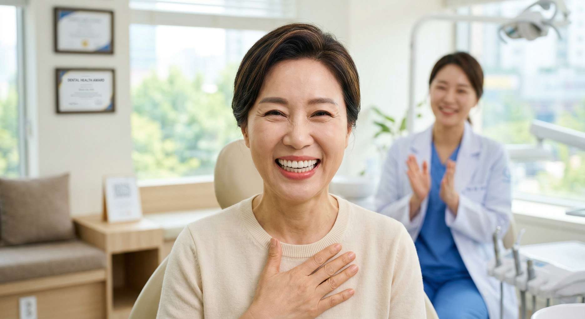 임플란트 잇몸치료9 성공적인 잇몸 치료 및 임플란트 시술 후 환하게 웃고 있는 여성 환자와 뒤에서 박수를 치며 기뻐하는 치과 의사