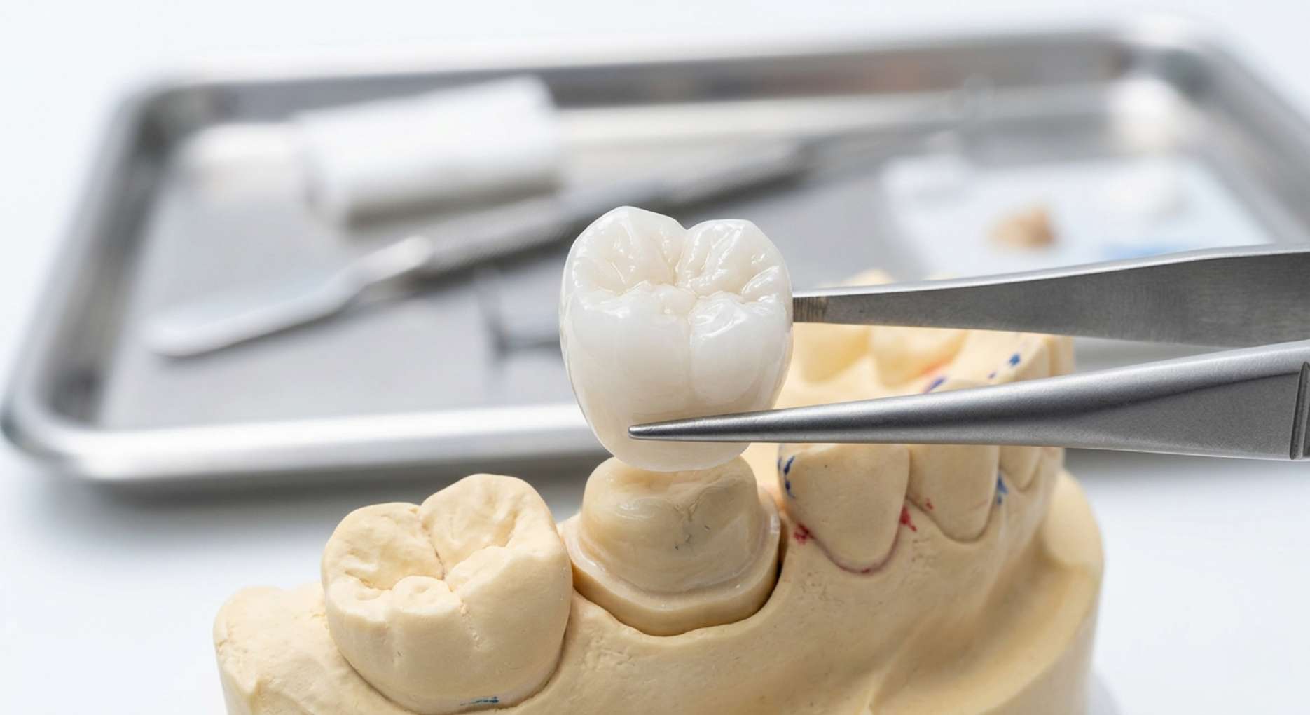 치아 교모증 치료를 위해 치아 모형에 씌우는 정밀한 지르코니아 크라운 보철물