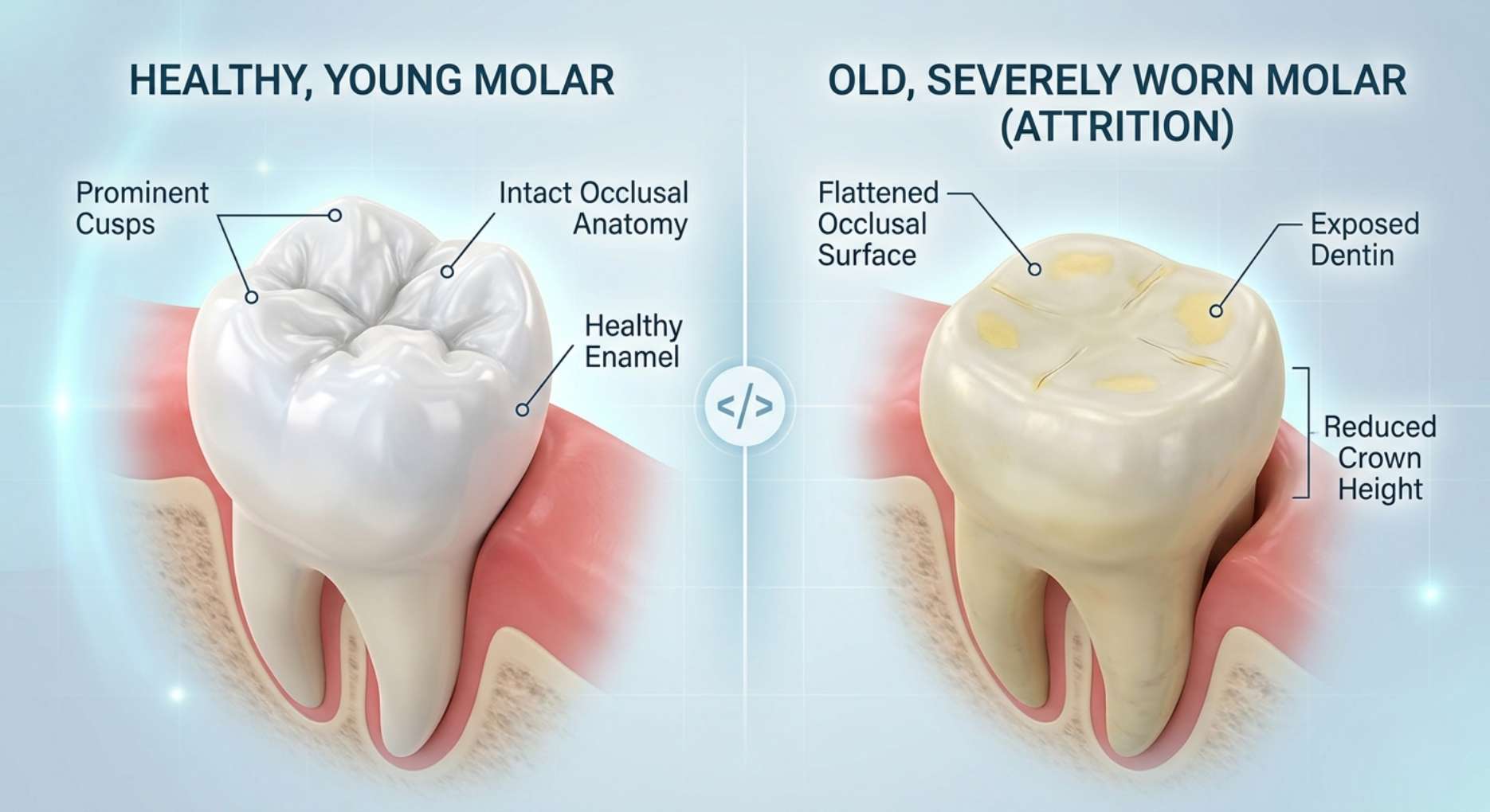 건강하고 굴곡진 젊은 어금니와 심한 치아 교모증으로 닳고 평평해져 상아질이 노출된 노화 어금니의 단면 비교 일러스트